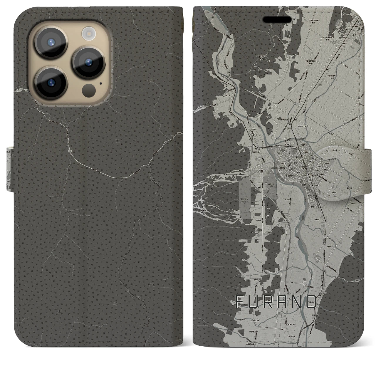 【富良野(北海道)】地図柄iPhoneケース(手帳タイプ)モノトーン・iPhone 14 Pro Max 用
