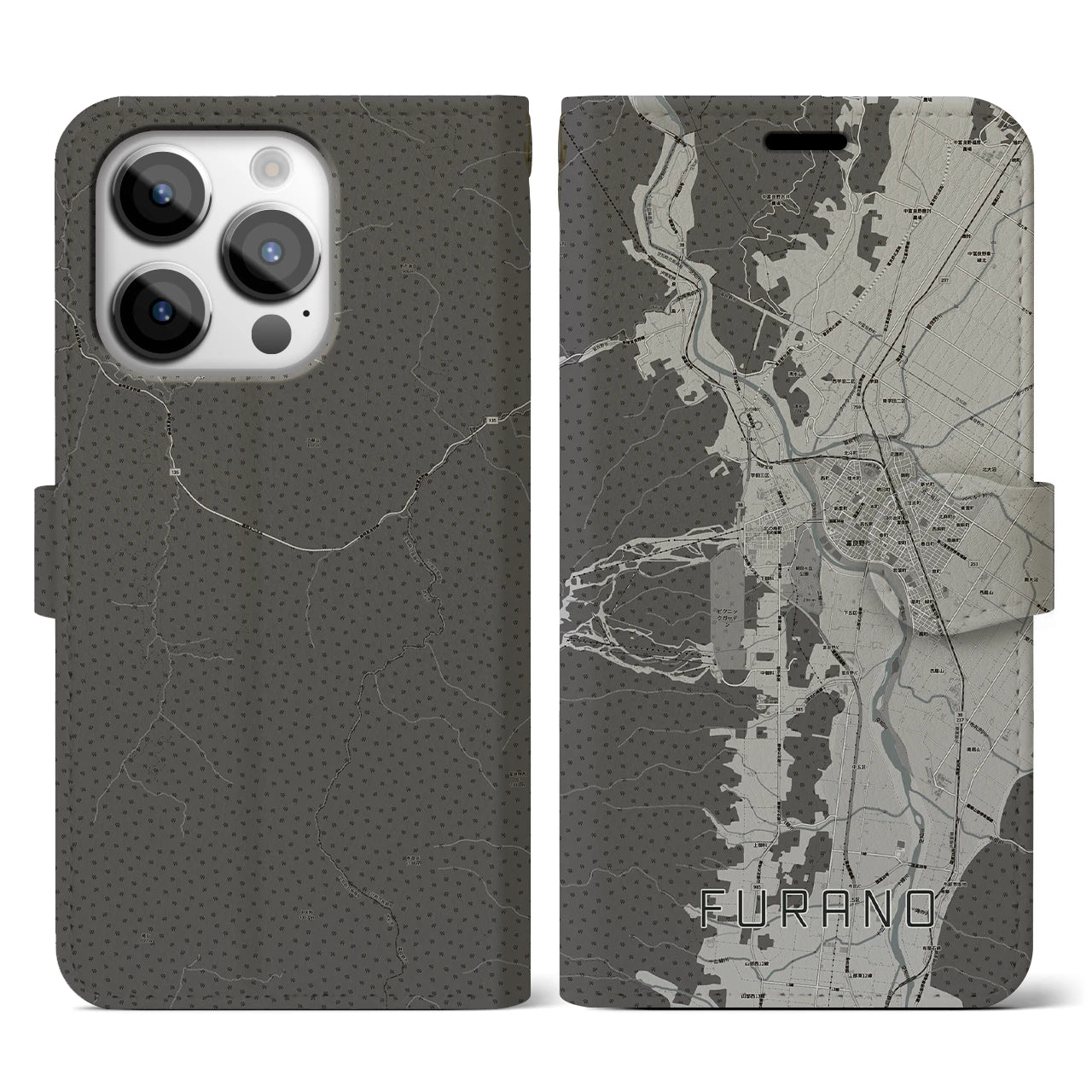 【富良野(北海道)】地図柄iPhoneケース(手帳タイプ)モノトーン・iPhone 14 Pro 用