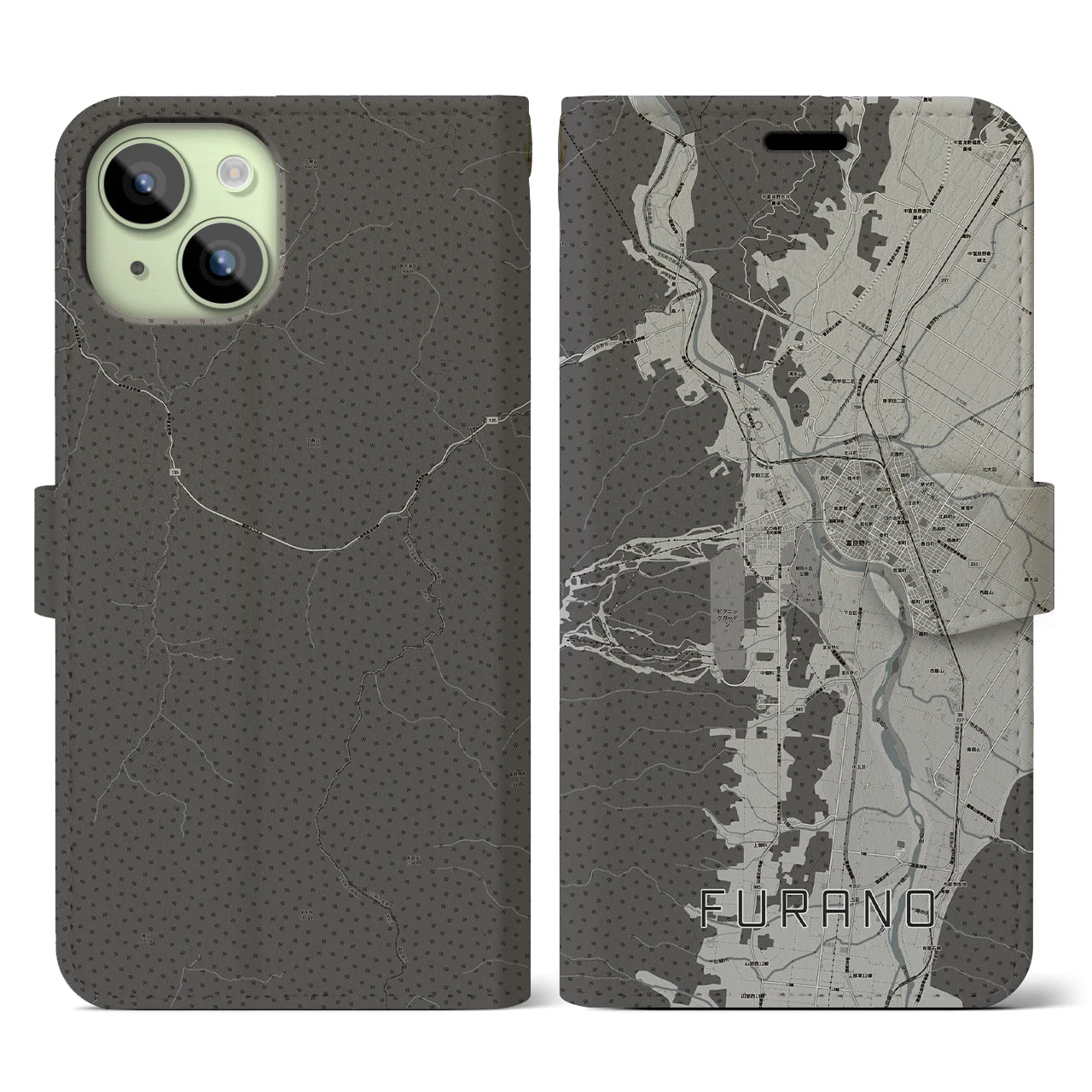 【富良野(北海道)】地図柄iPhoneケース(手帳タイプ)モノトーン・iPhone 15 用