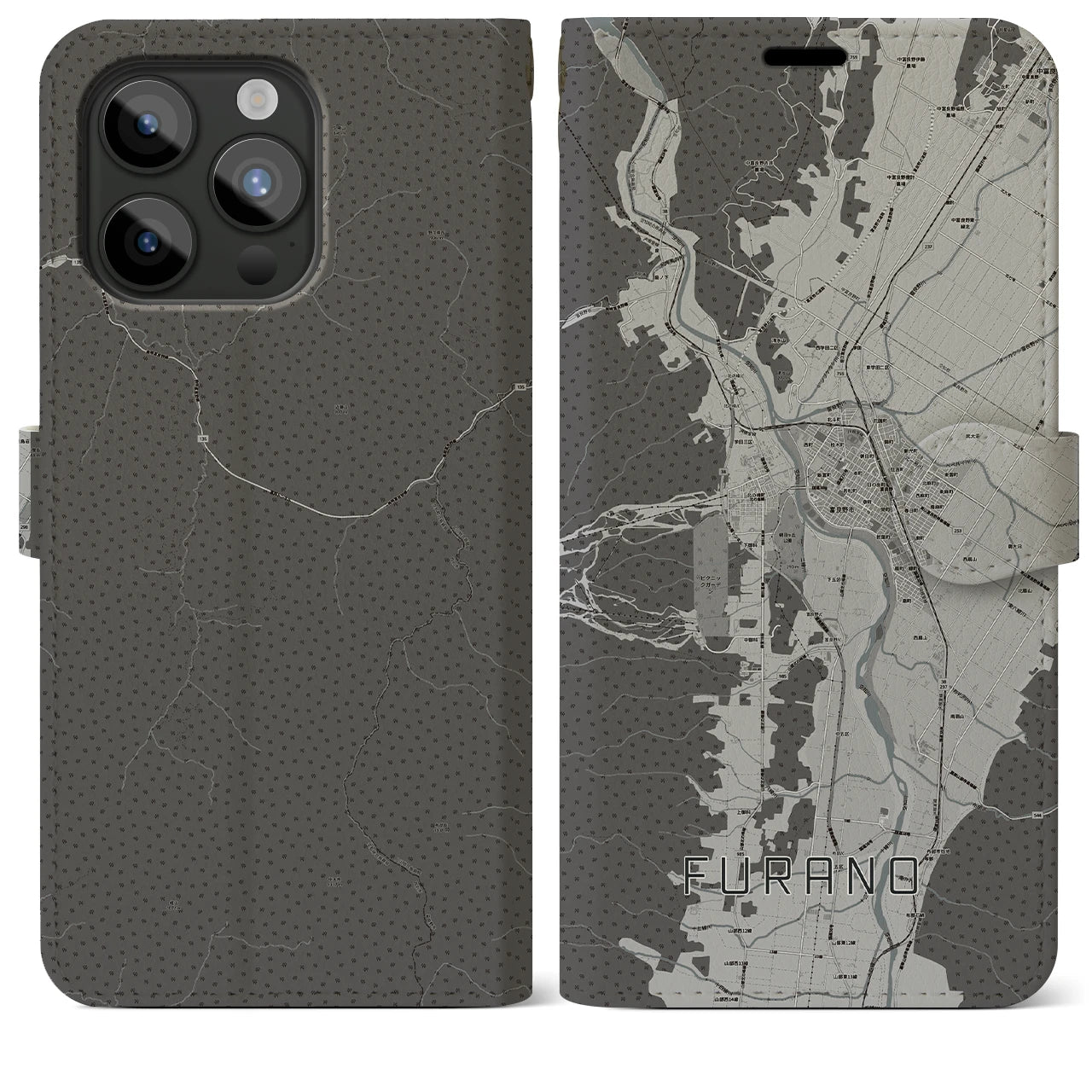 【富良野(北海道)】地図柄iPhoneケース(手帳タイプ)モノトーン・iPhone 15 Pro Max 用