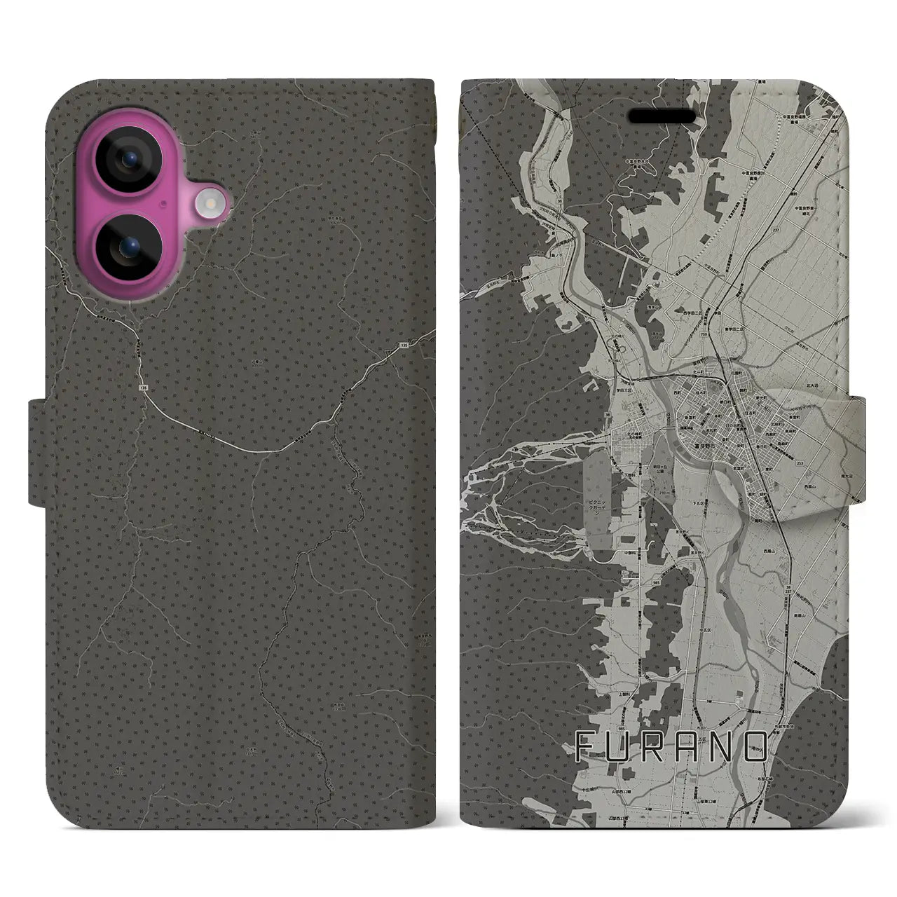 【富良野(北海道)】地図柄iPhoneケース(手帳タイプ)モノトーン・iPhone 16 Pro 用