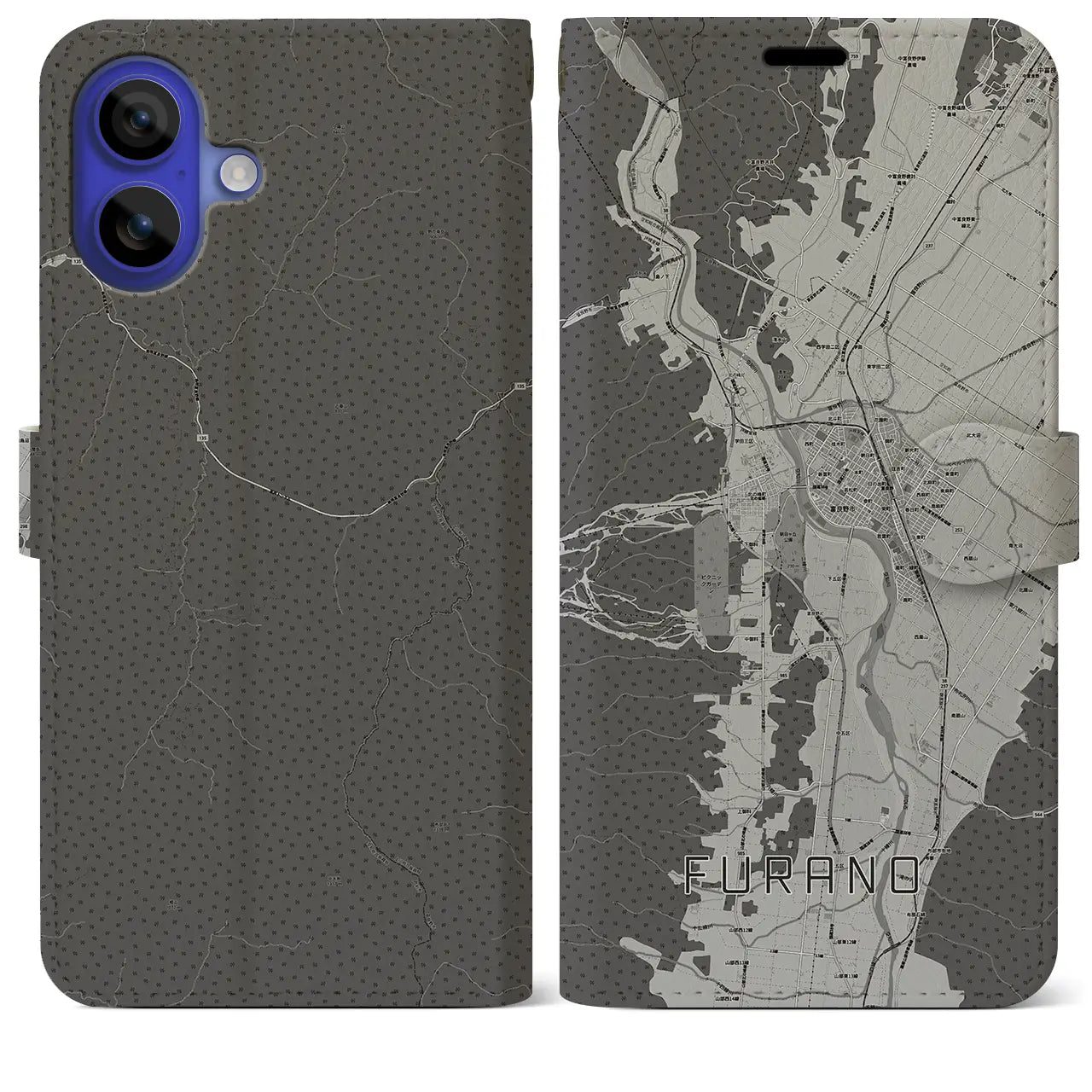 【富良野(北海道)】地図柄iPhoneケース(手帳タイプ)モノトーン・iPhone 16 Pro Max 用