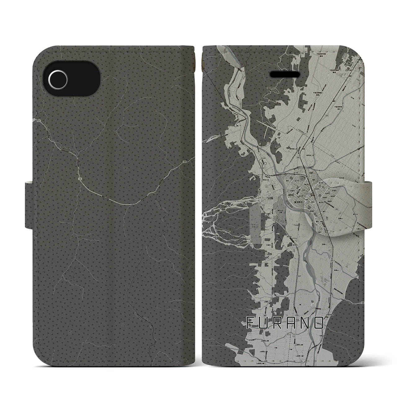【富良野(北海道)】地図柄iPhoneケース(手帳タイプ)モノトーン・iPhone SE(第3 / 第2世代) / 8 / 7 / 6s / 6 用