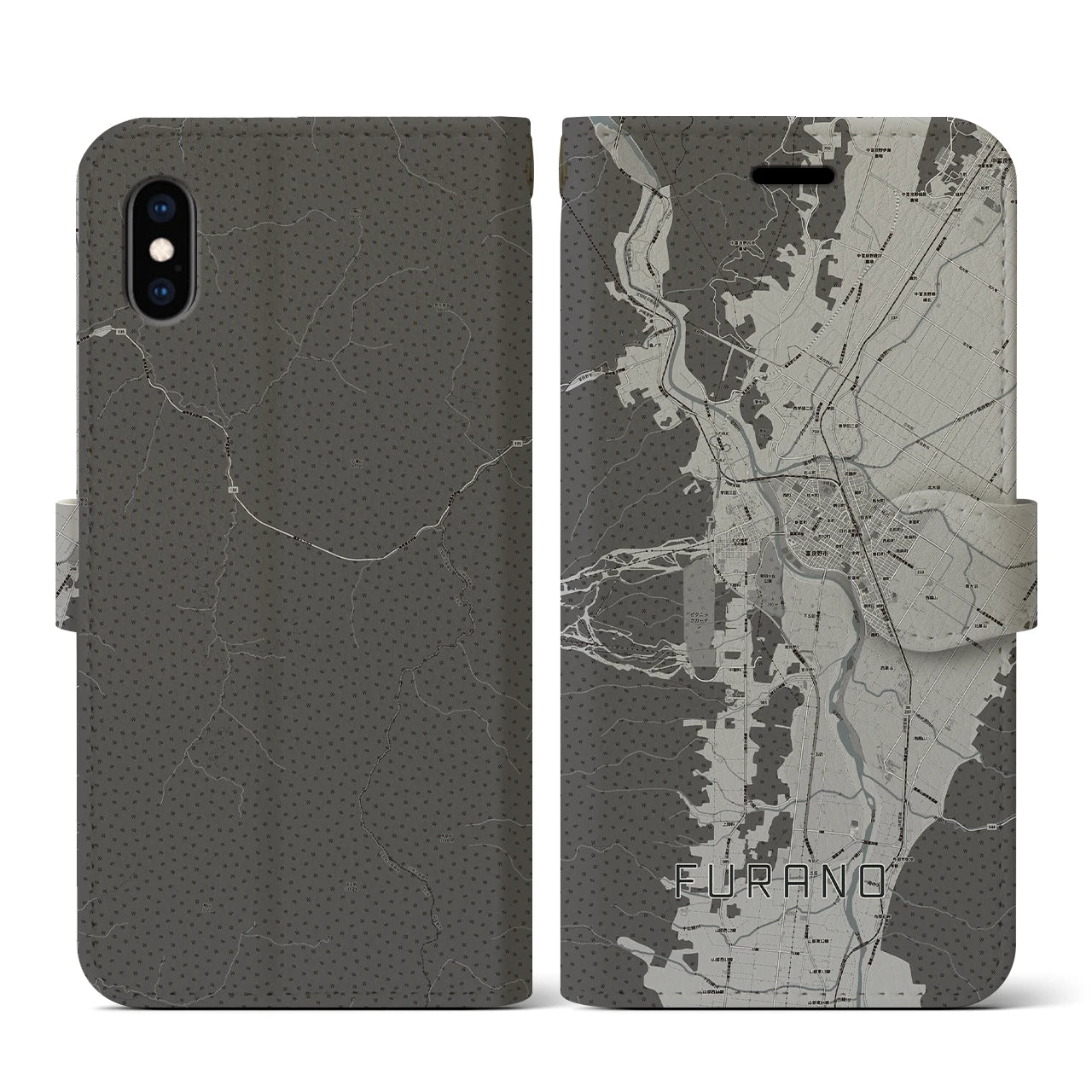 【富良野(北海道)】地図柄iPhoneケース(手帳タイプ)モノトーン・iPhone XS / X 用