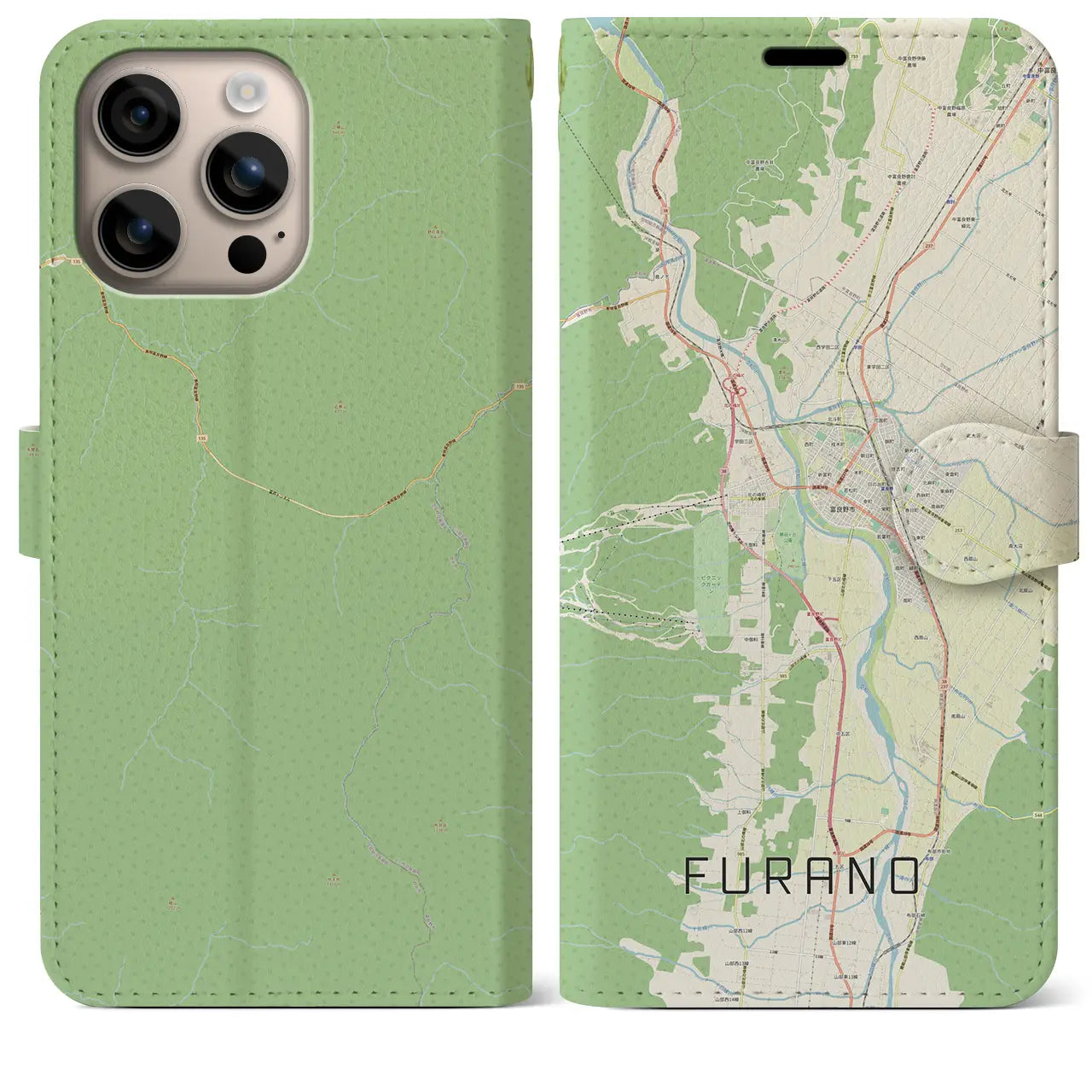 【富良野(北海道)】地図柄iPhoneケース(手帳タイプ)ナチュラル・iPhone 16 Plus 用