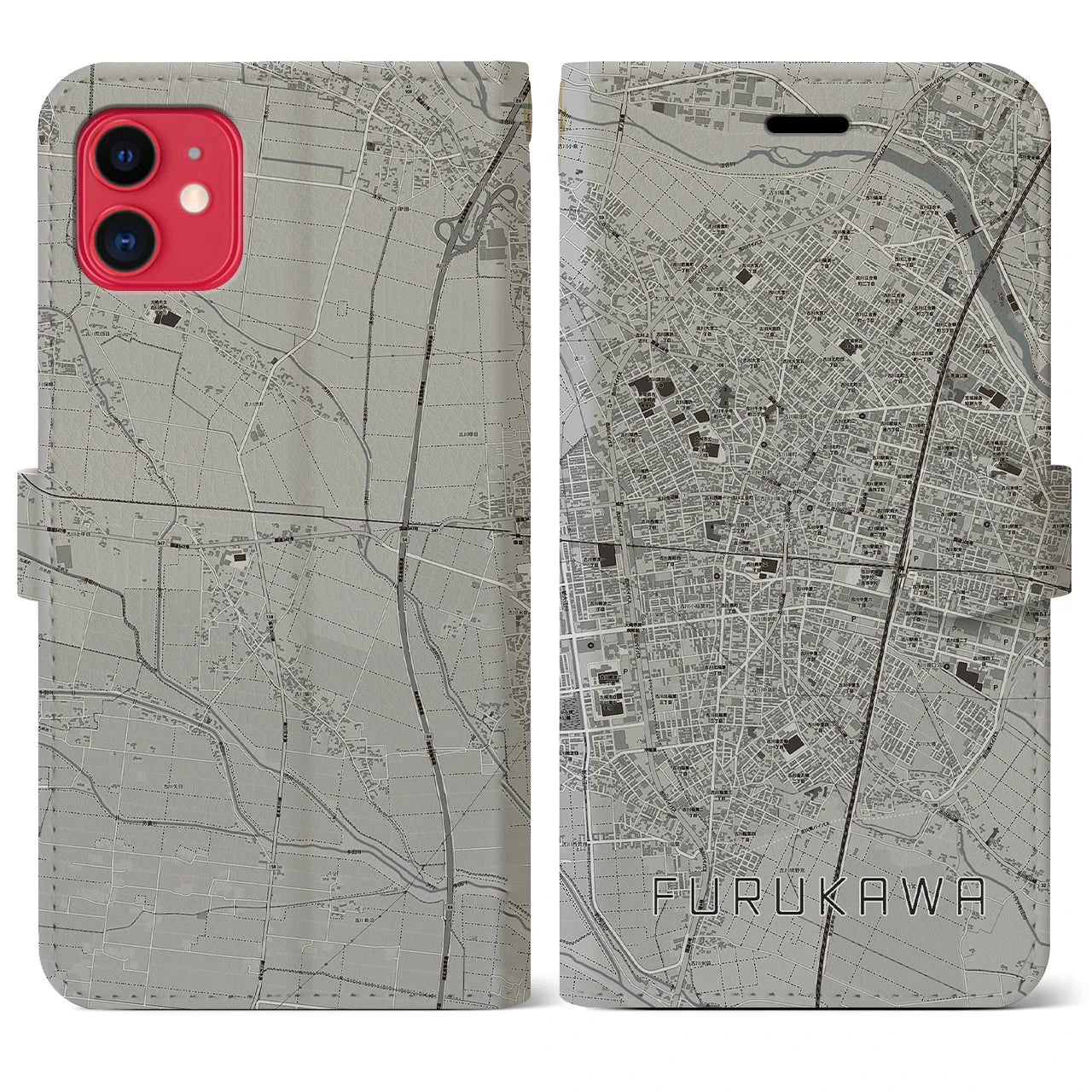 【古川(宮城県)】地図柄iPhoneケース(手帳タイプ)モノトーン・iPhone 11 用
