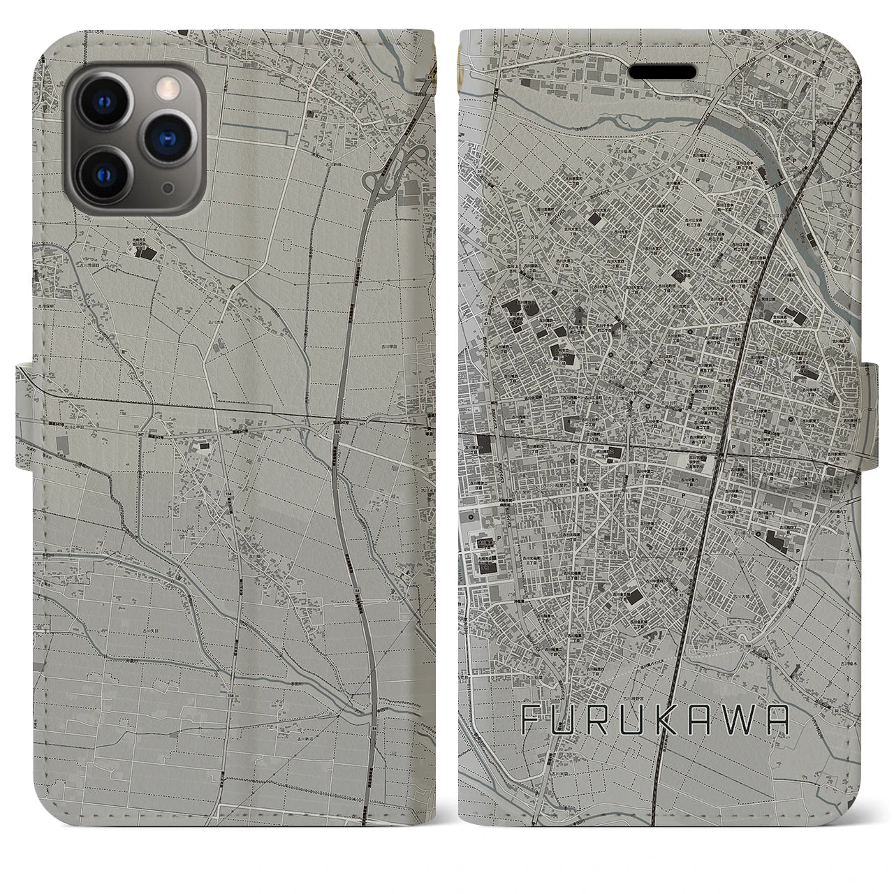 【古川(宮城県)】地図柄iPhoneケース(手帳タイプ)モノトーン・iPhone 11 Pro Max 用