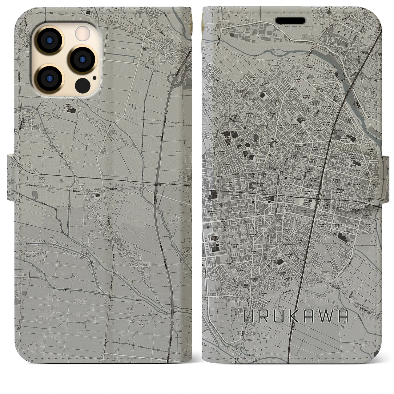 【古川(宮城県)】地図柄iPhoneケース(手帳タイプ)モノトーン・iPhone 12 Pro Max 用