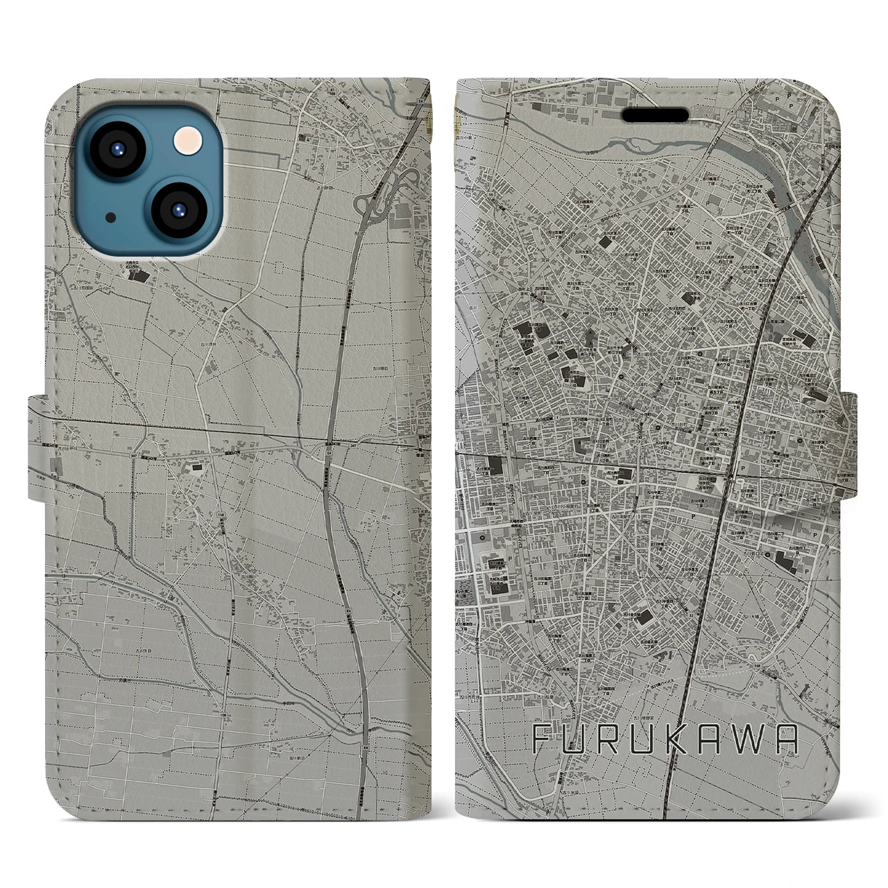 【古川(宮城県)】地図柄iPhoneケース(手帳タイプ)モノトーン・iPhone 13 用