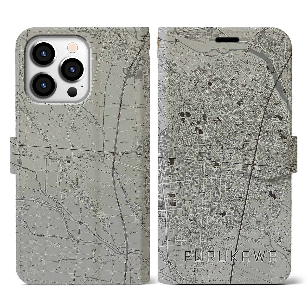 【古川(宮城県)】地図柄iPhoneケース(手帳タイプ)モノトーン・iPhone 13 Pro 用