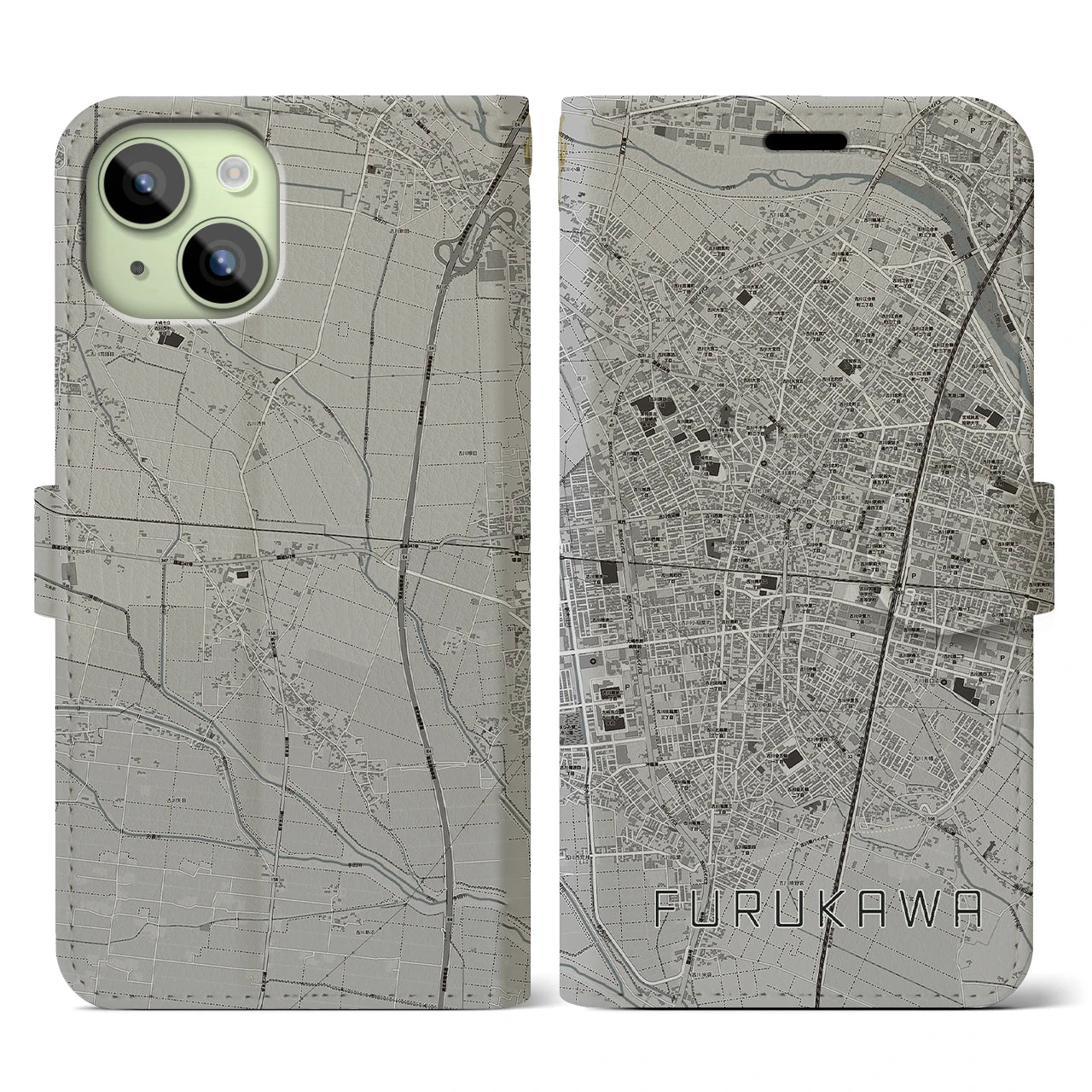 【古川(宮城県)】地図柄iPhoneケース(手帳タイプ)モノトーン・iPhone 15 用