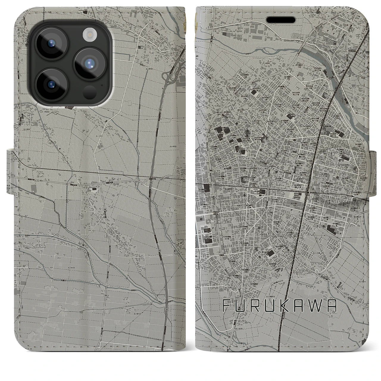 【古川(宮城県)】地図柄iPhoneケース(手帳タイプ)モノトーン・iPhone 15 Pro Max 用