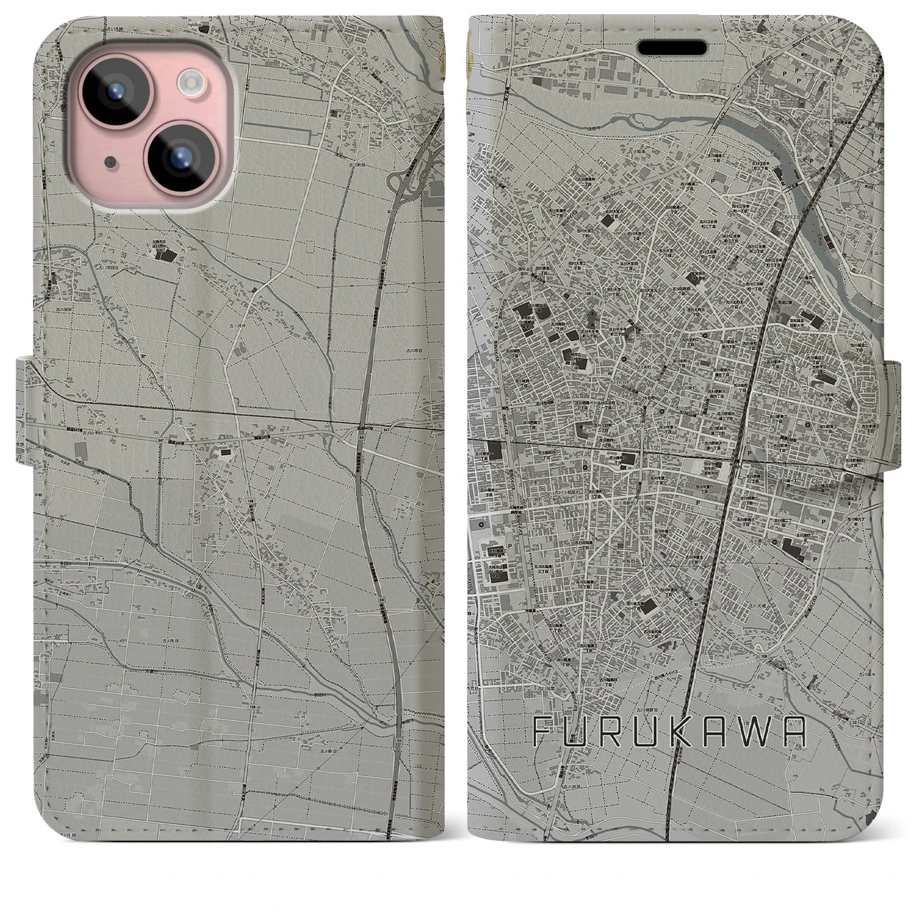 【古川(宮城県)】地図柄iPhoneケース(手帳タイプ)モノトーン・iPhone 15 Plus 用