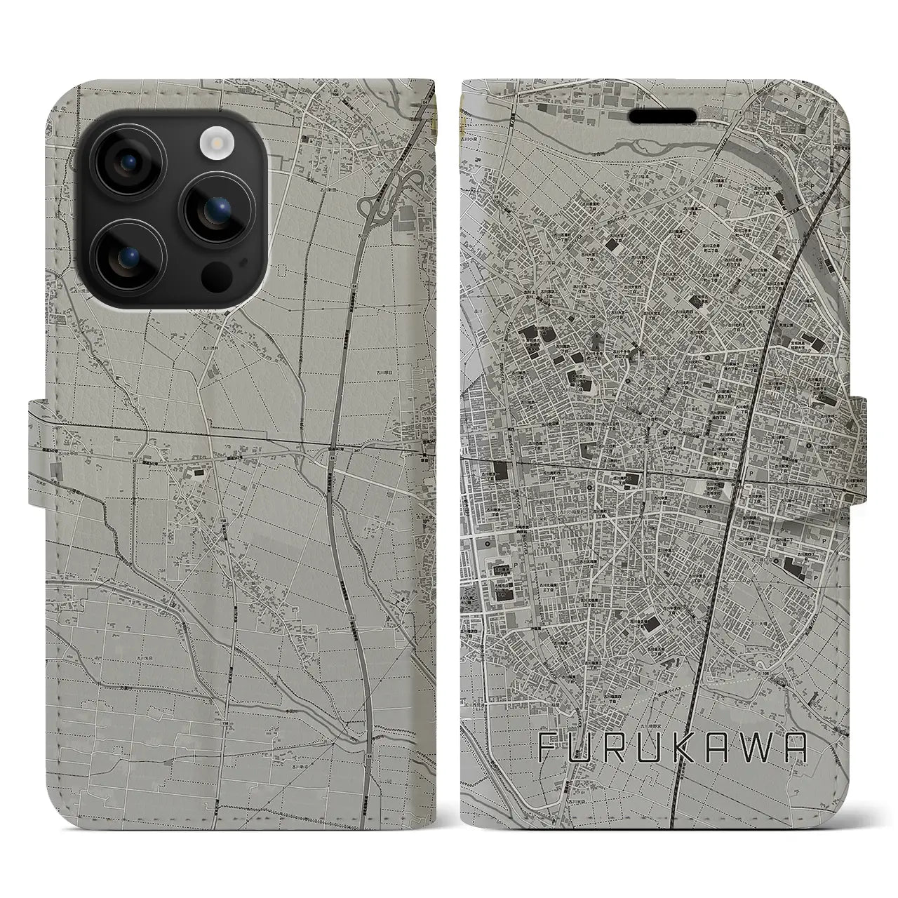 【古川(宮城県)】地図柄iPhoneケース(手帳タイプ)モノトーン・iPhone 16 用