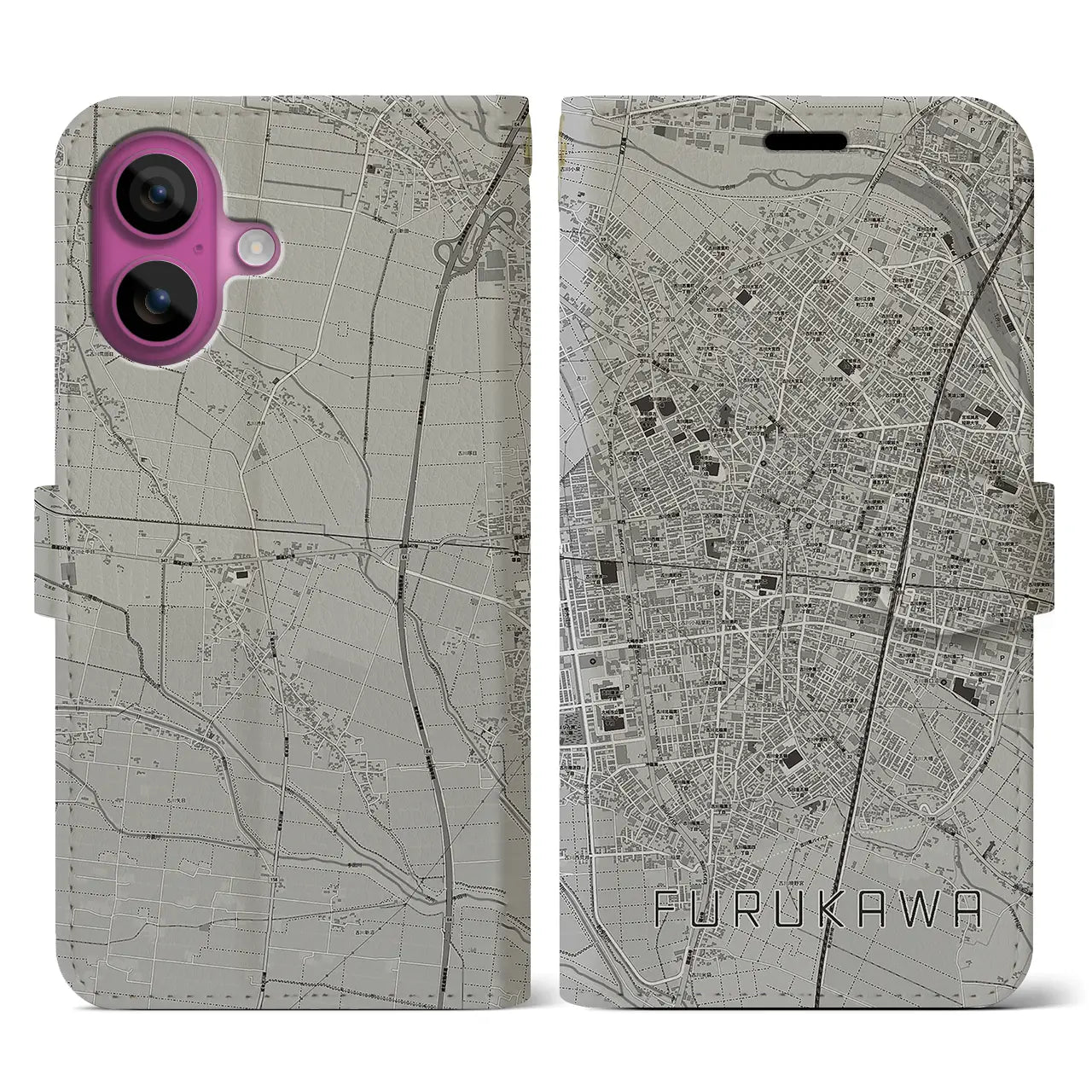 【古川(宮城県)】地図柄iPhoneケース(手帳タイプ)モノトーン・iPhone 16 Pro 用