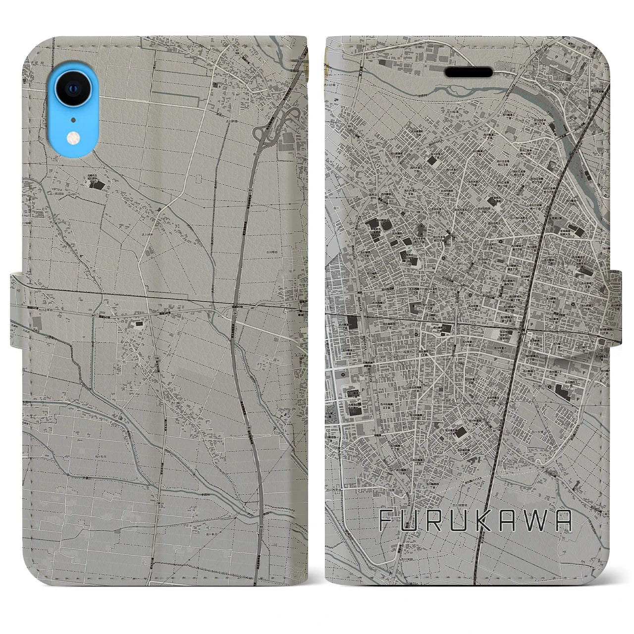 【古川(宮城県)】地図柄iPhoneケース(手帳タイプ)モノトーン・iPhone XR 用