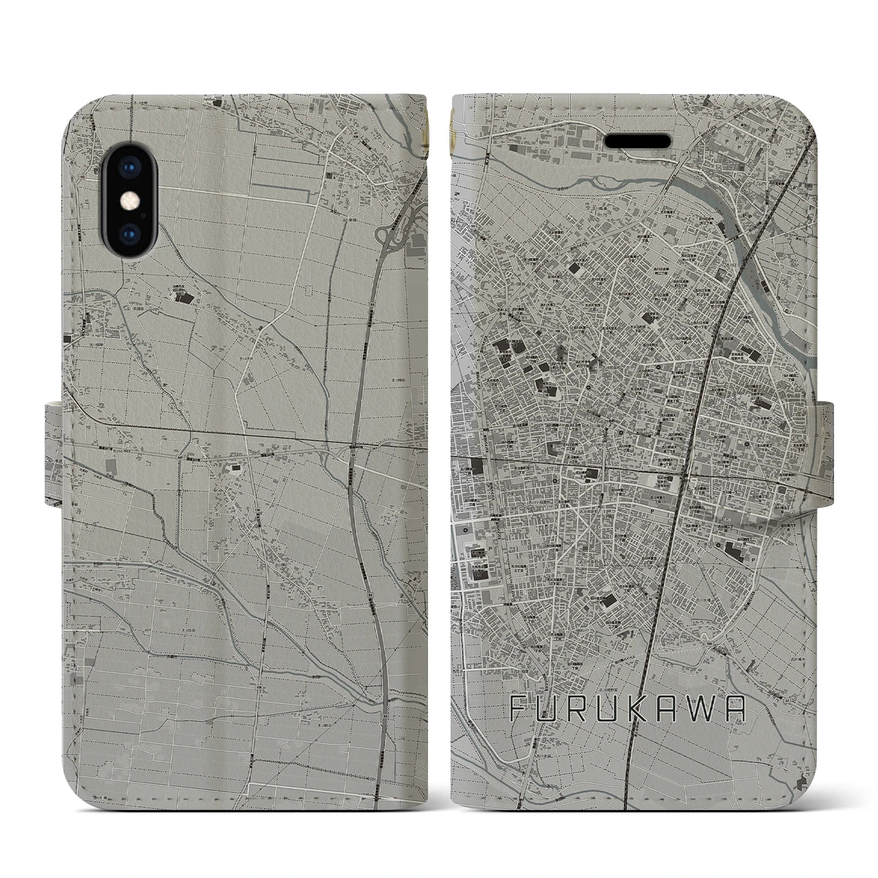 【古川(宮城県)】地図柄iPhoneケース(手帳タイプ)モノトーン・iPhone XS / X 用