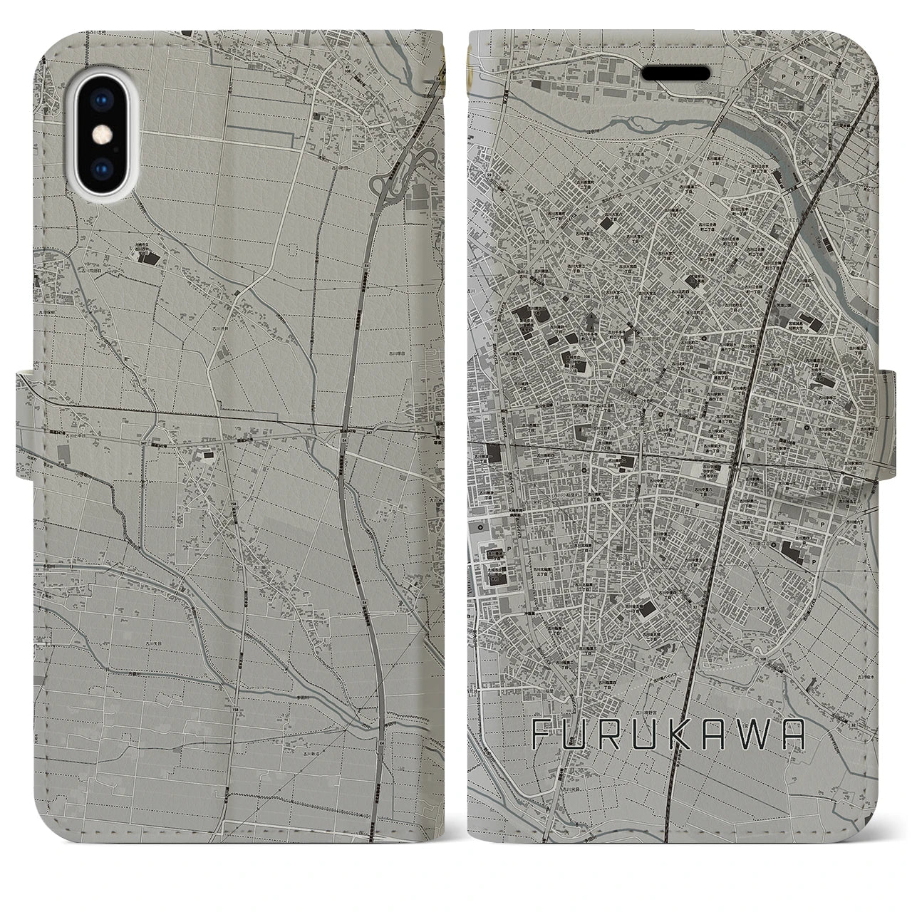 【古川(宮城県)】地図柄iPhoneケース(手帳タイプ)モノトーン・iPhone XS Max 用