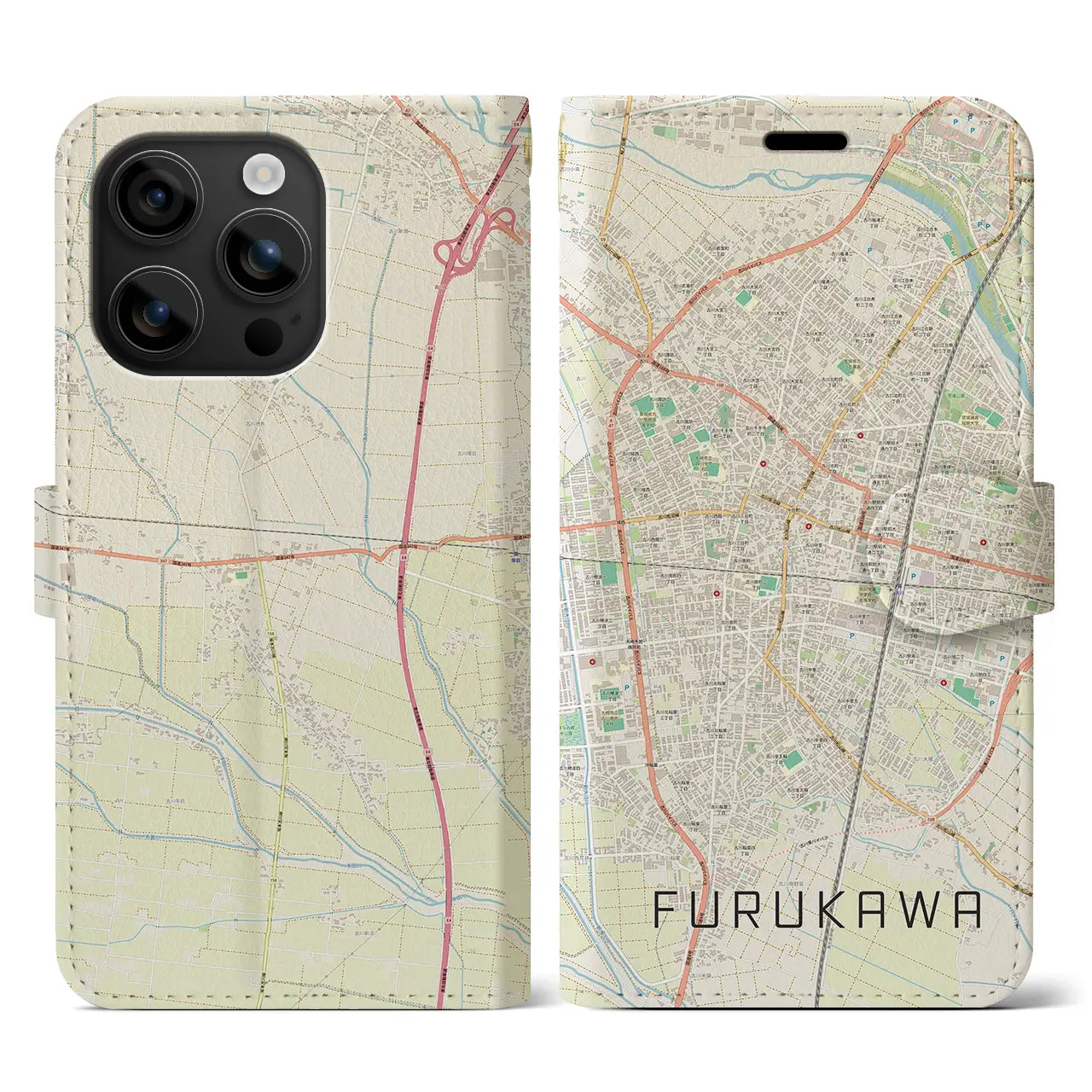 【古川(宮城県)】地図柄iPhoneケース(手帳タイプ)ナチュラル・iPhone 16 用