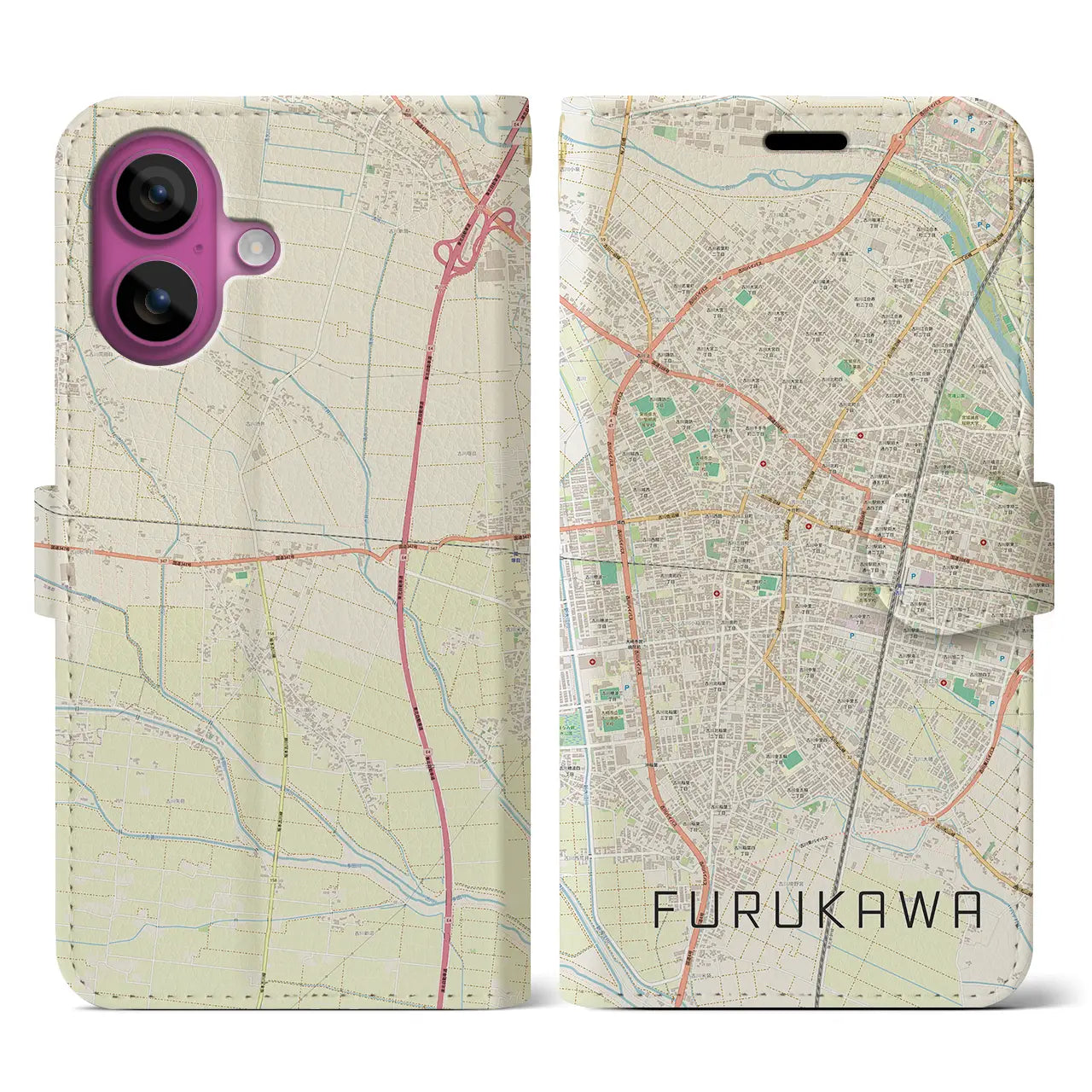 【古川(宮城県)】地図柄iPhoneケース(手帳タイプ)ナチュラル・iPhone 16 Pro 用