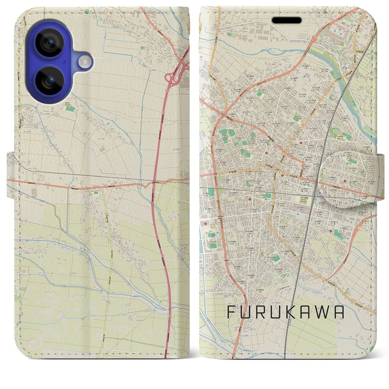 【古川(宮城県)】地図柄iPhoneケース(手帳タイプ)ナチュラル・iPhone 16 Pro Max 用