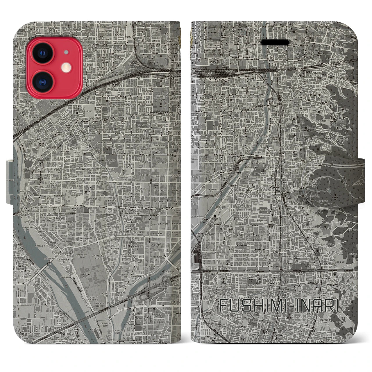 【伏見稲荷(京都府)】地図柄iPhoneケース(手帳タイプ)モノトーン・iPhone 11 用