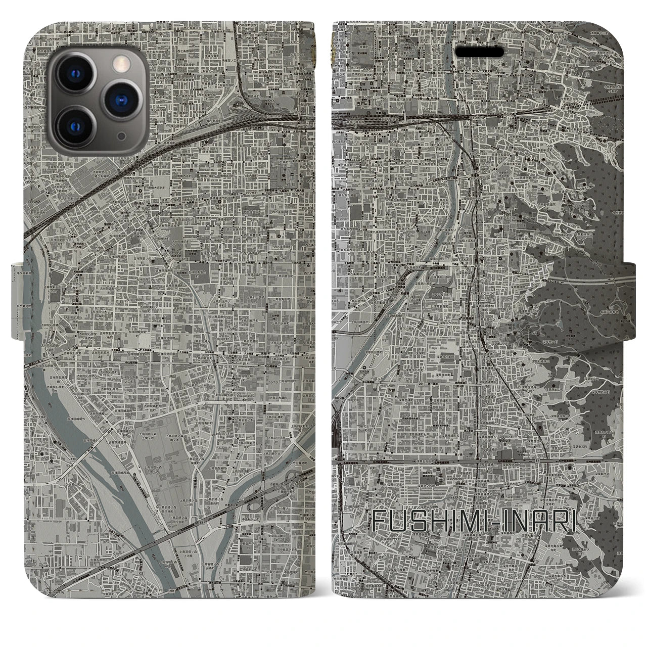 【伏見稲荷(京都府)】地図柄iPhoneケース(手帳タイプ)モノトーン・iPhone 11 Pro Max 用