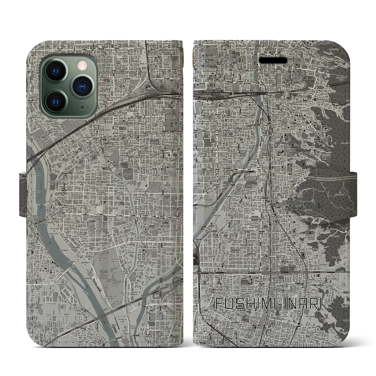 【伏見稲荷(京都府)】地図柄iPhoneケース(手帳タイプ)モノトーン・iPhone 11 Pro 用