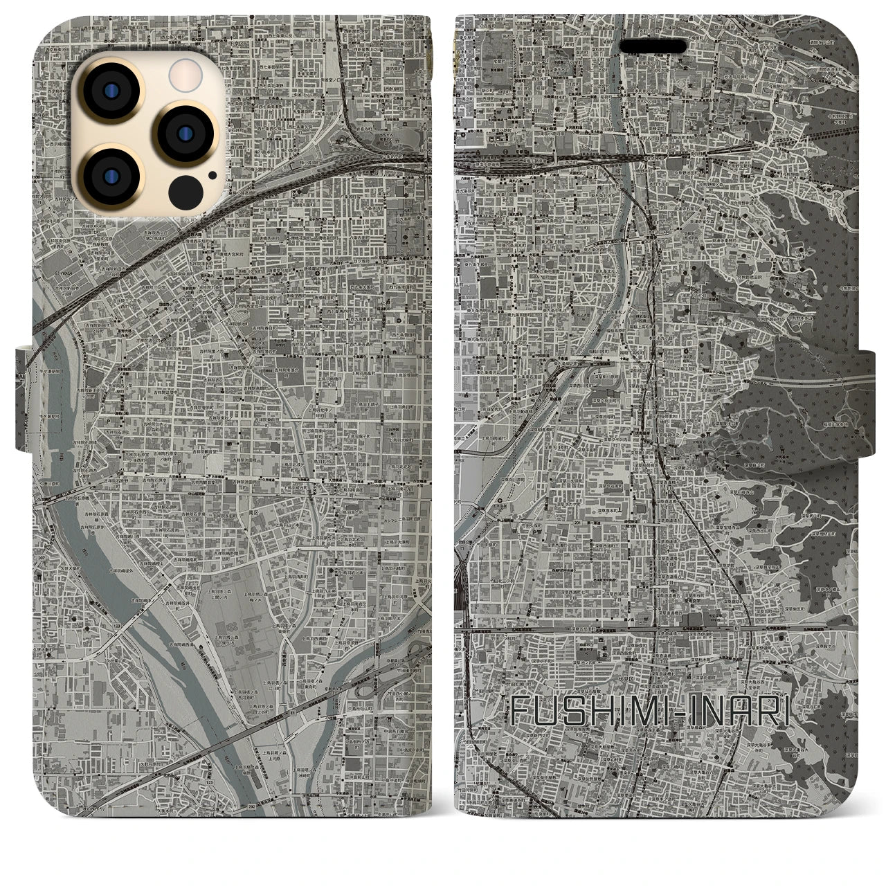 【伏見稲荷(京都府)】地図柄iPhoneケース(手帳タイプ)モノトーン・iPhone 12 Pro Max 用