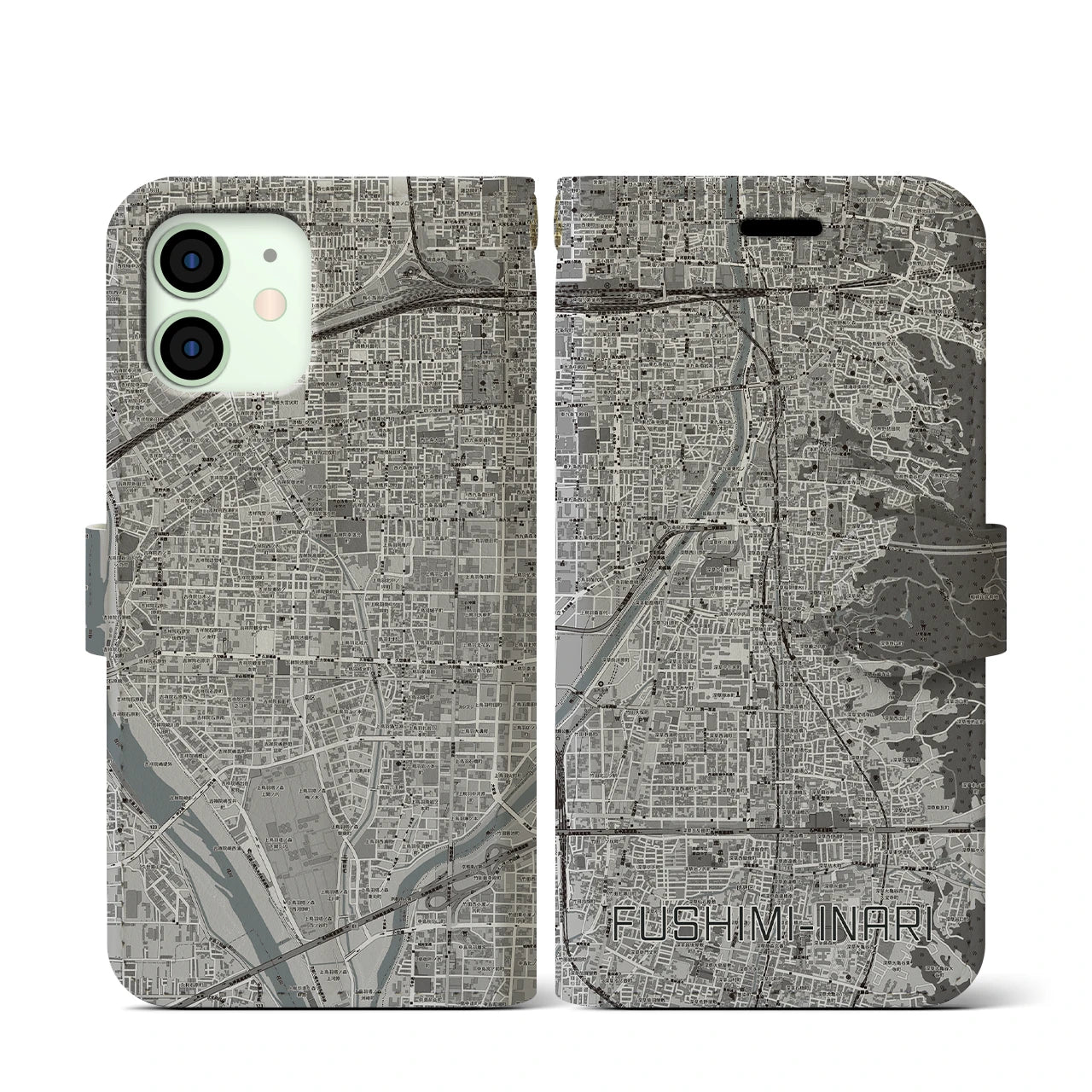 【伏見稲荷(京都府)】地図柄iPhoneケース(手帳タイプ)モノトーン・iPhone 12 mini 用
