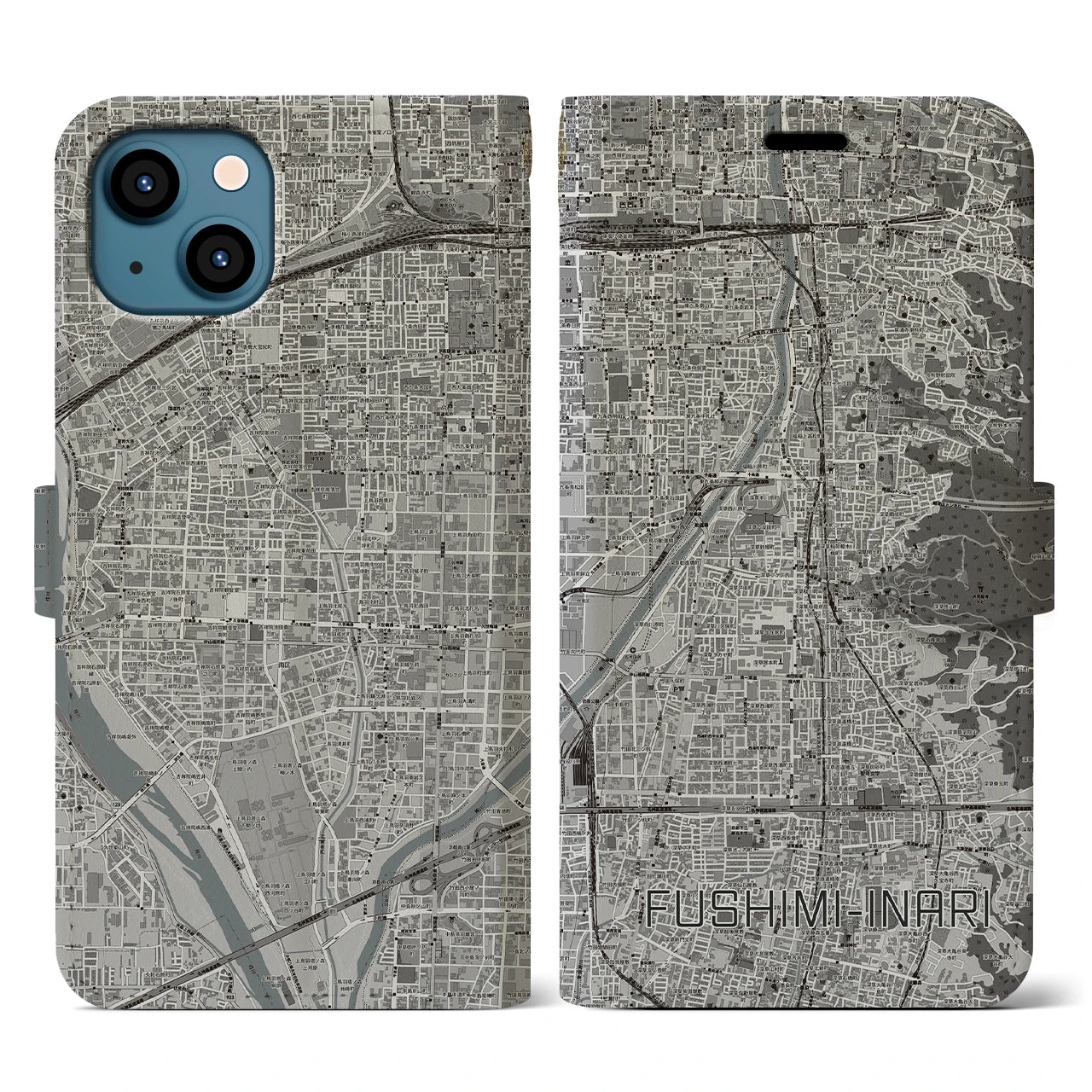 【伏見稲荷(京都府)】地図柄iPhoneケース(手帳タイプ)モノトーン・iPhone 13 用