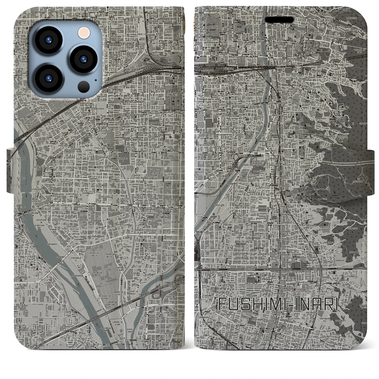 【伏見稲荷(京都府)】地図柄iPhoneケース(手帳タイプ)モノトーン・iPhone 13 Pro Max 用