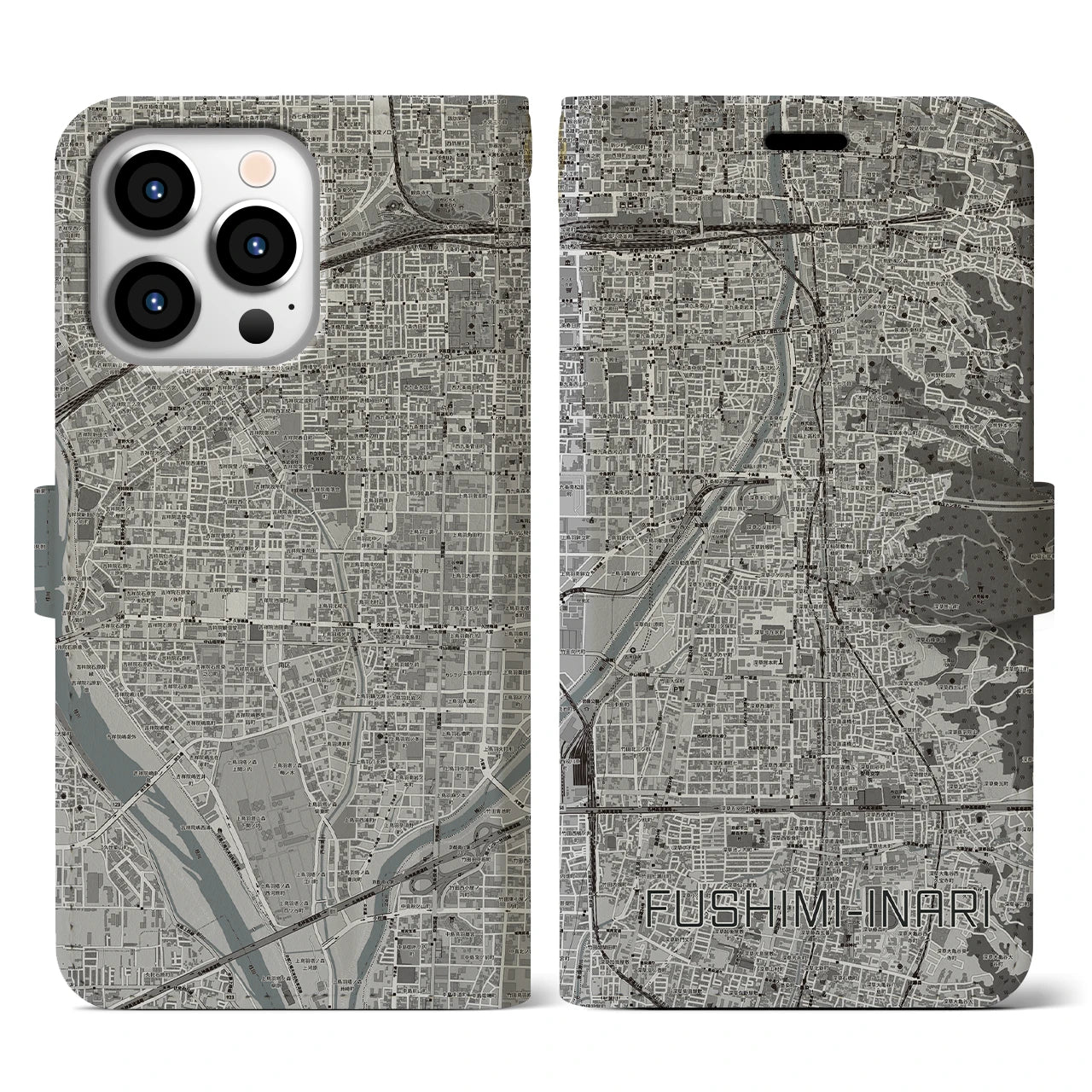 【伏見稲荷(京都府)】地図柄iPhoneケース(手帳タイプ)モノトーン・iPhone 13 Pro 用