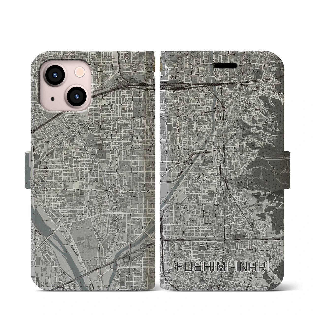 【伏見稲荷(京都府)】地図柄iPhoneケース(手帳タイプ)モノトーン・iPhone 13 mini 用