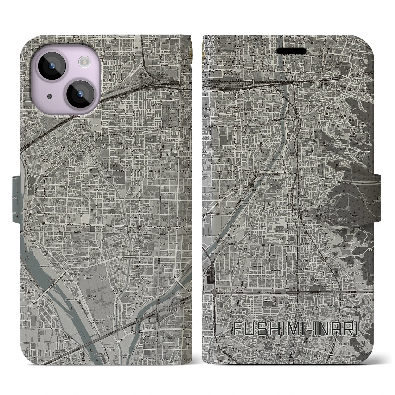 【伏見稲荷(京都府)】地図柄iPhoneケース(手帳タイプ)モノトーン・iPhone 14 用