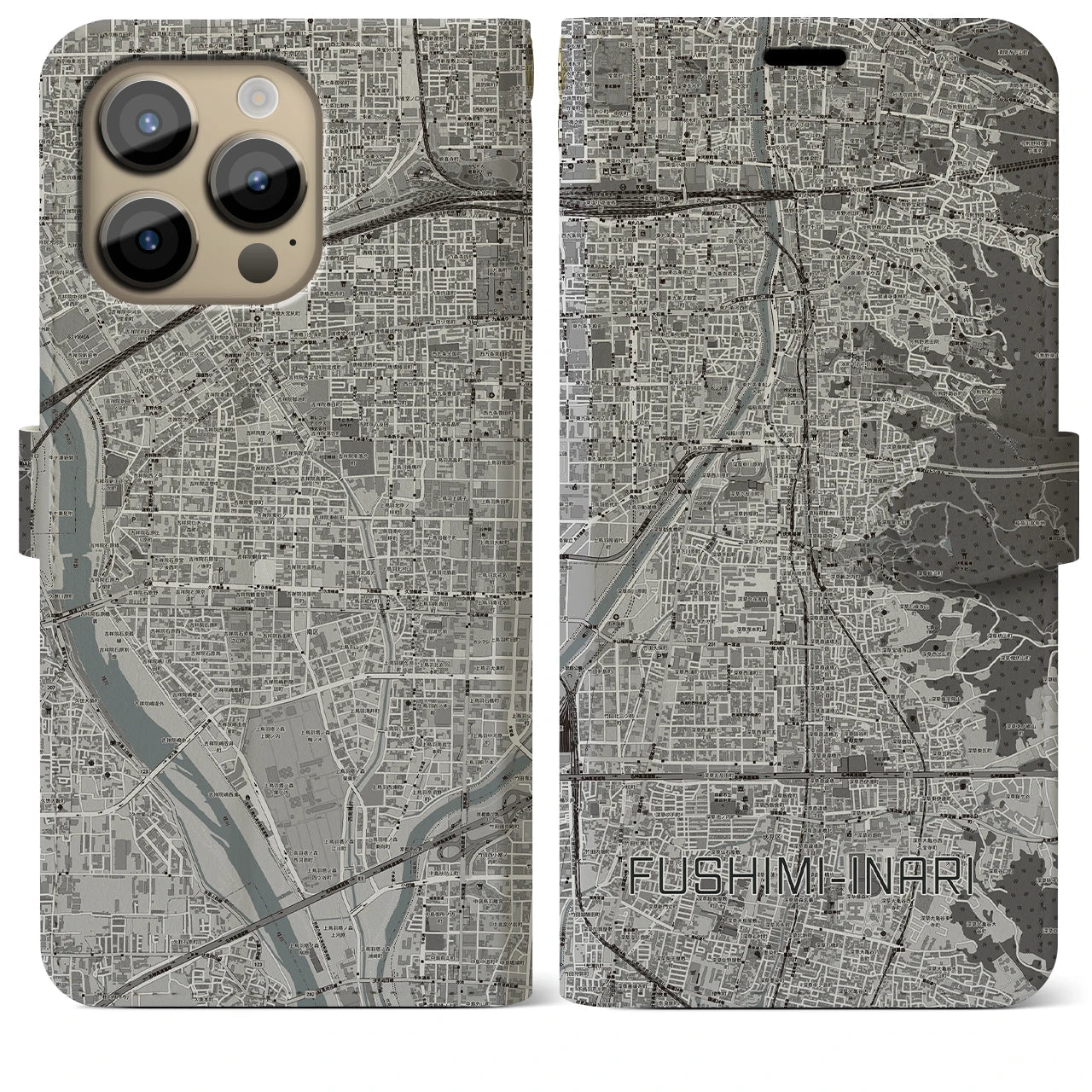 【伏見稲荷(京都府)】地図柄iPhoneケース(手帳タイプ)モノトーン・iPhone 14 Pro Max 用