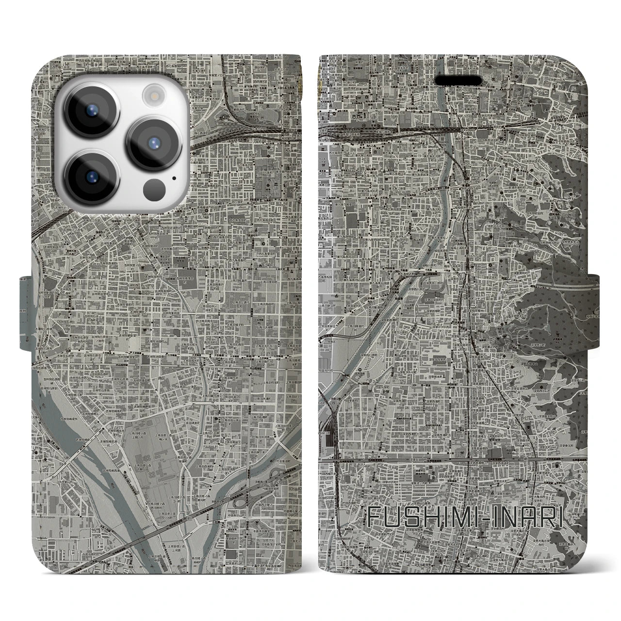 【伏見稲荷(京都府)】地図柄iPhoneケース(手帳タイプ)モノトーン・iPhone 14 Pro 用