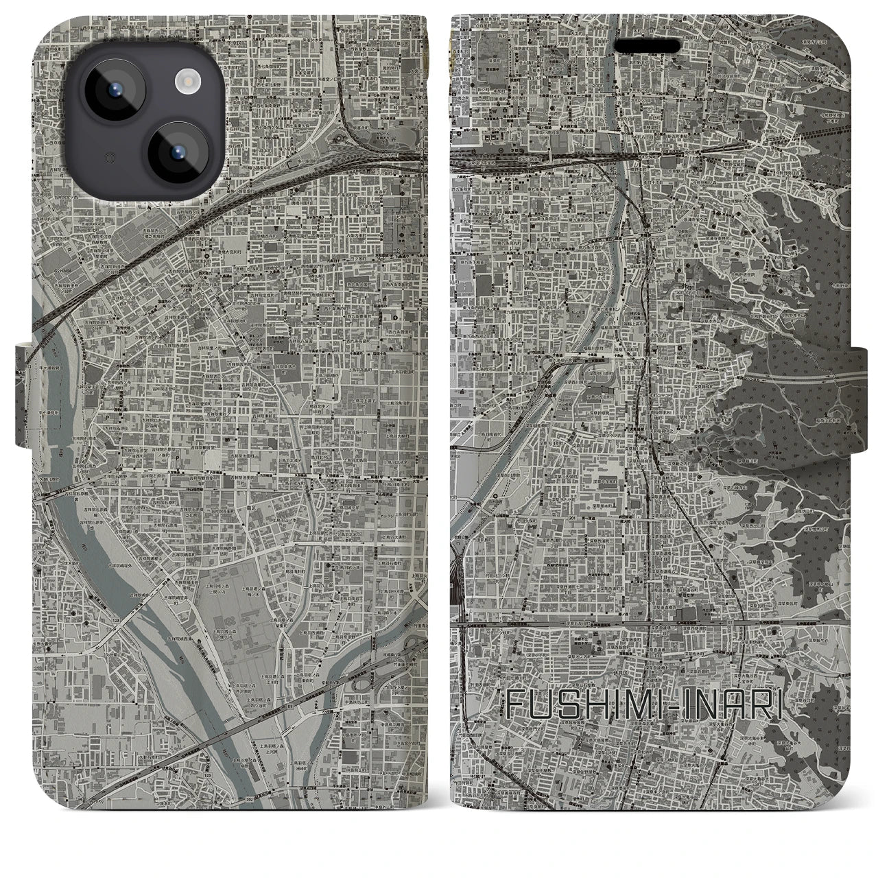 【伏見稲荷(京都府)】地図柄iPhoneケース(手帳タイプ)モノトーン・iPhone 14 Plus 用