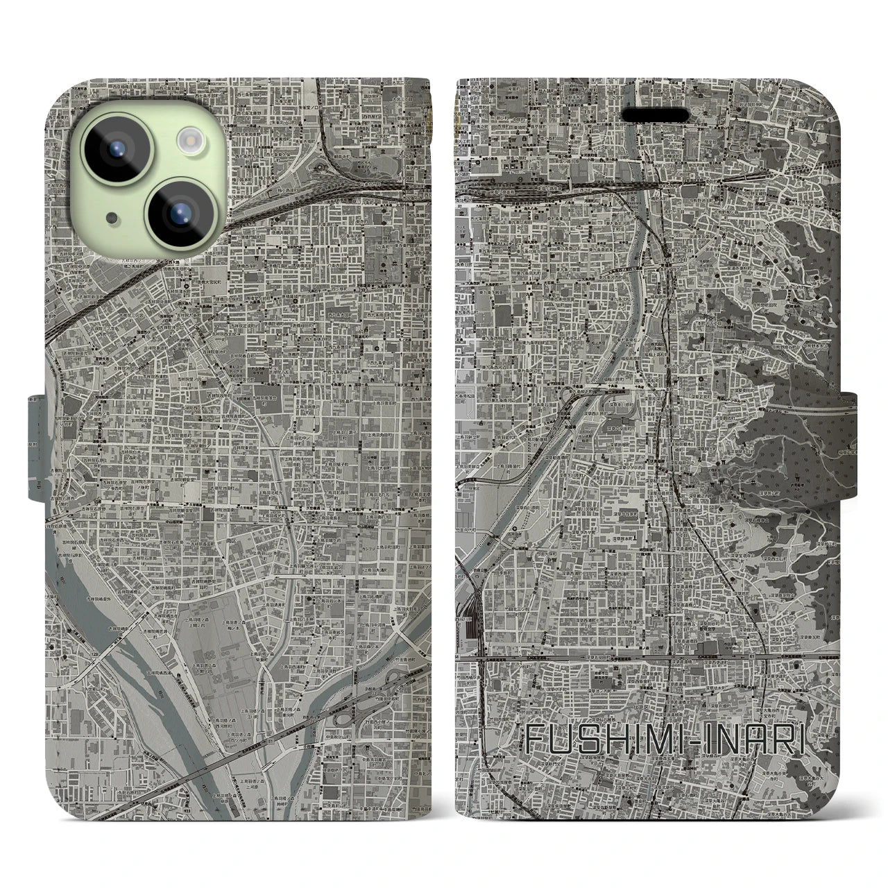 【伏見稲荷(京都府)】地図柄iPhoneケース(手帳タイプ)モノトーン・iPhone 15 用