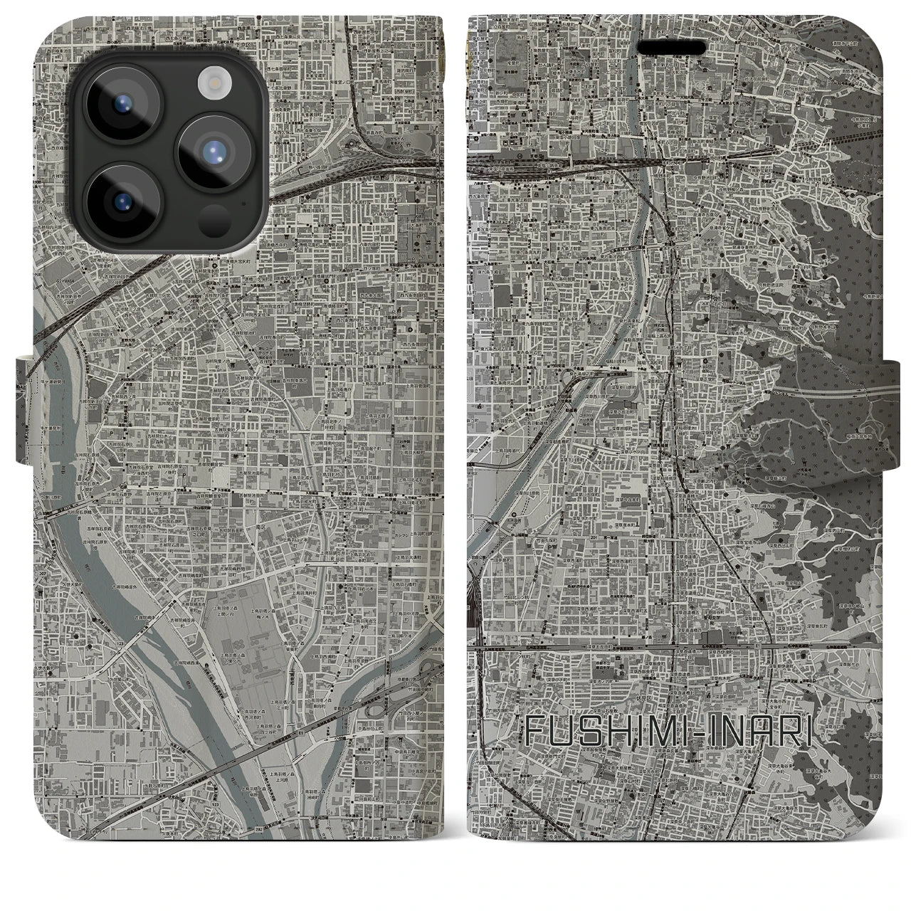 【伏見稲荷(京都府)】地図柄iPhoneケース(手帳タイプ)モノトーン・iPhone 15 Pro Max 用