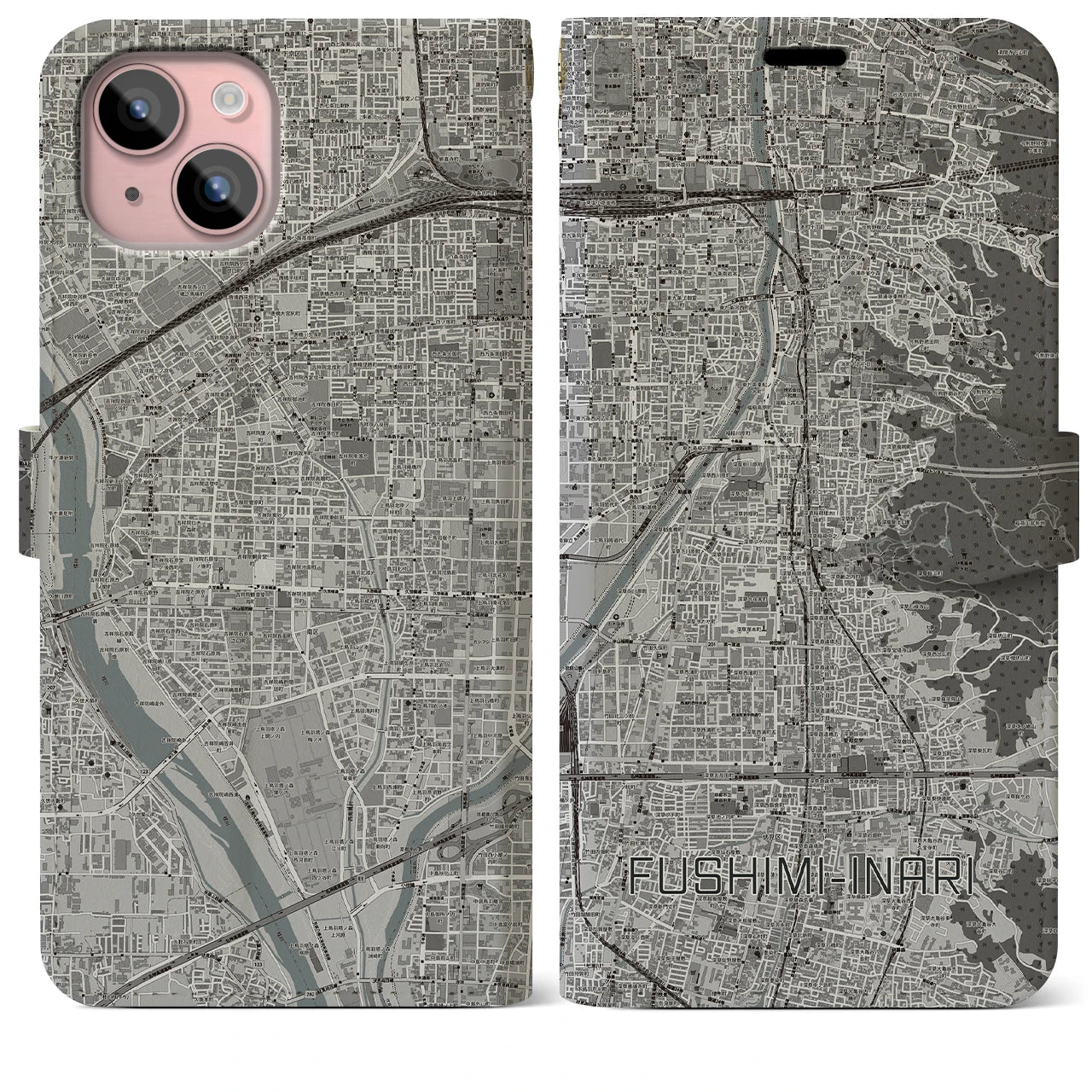 【伏見稲荷(京都府)】地図柄iPhoneケース(手帳タイプ)モノトーン・iPhone 15 Plus 用