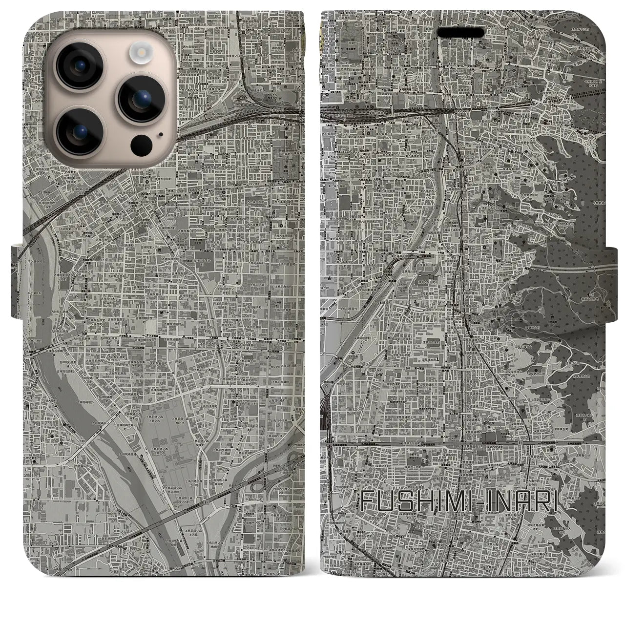 【伏見稲荷(京都府)】地図柄iPhoneケース(手帳タイプ)モノトーン・iPhone 16 Plus 用