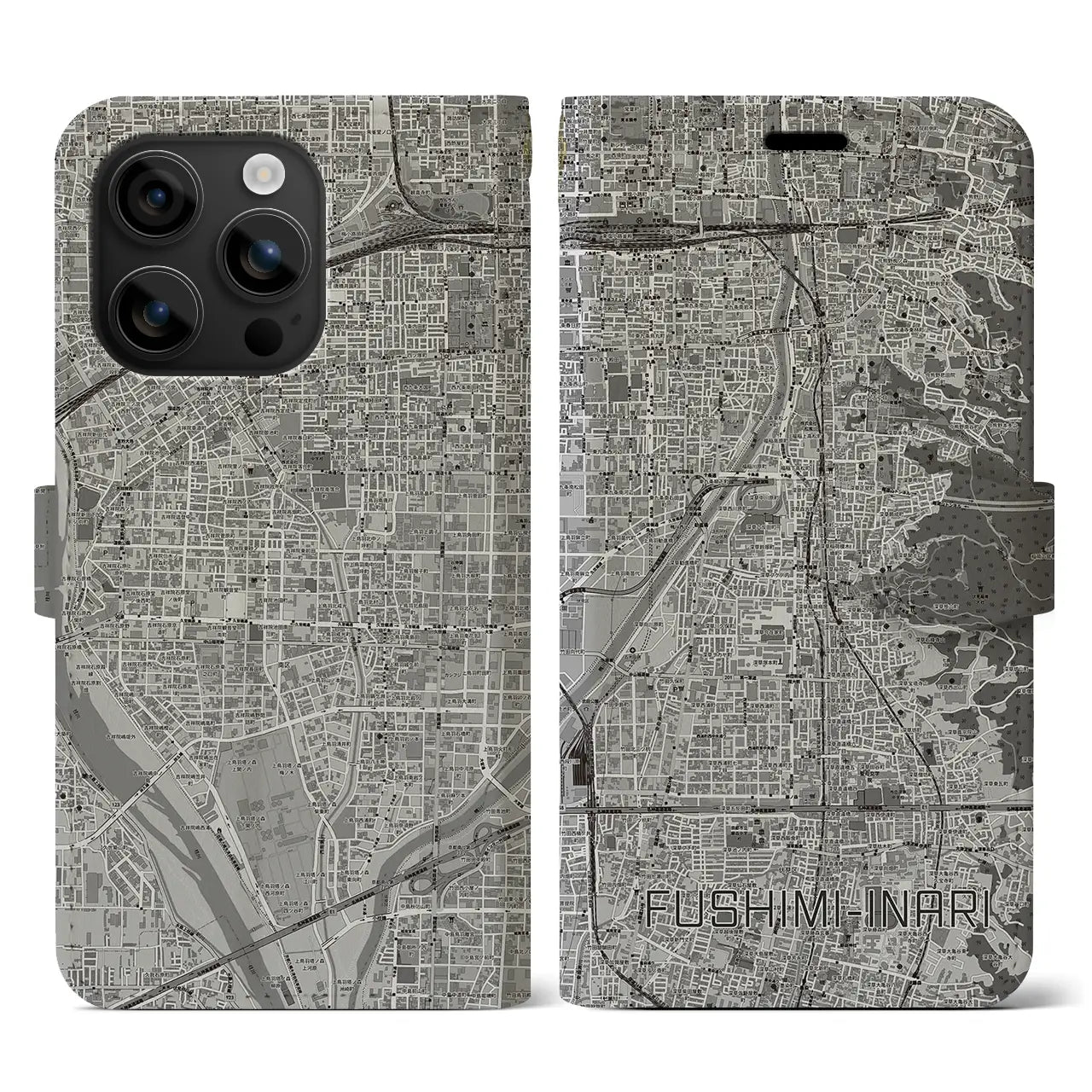 【伏見稲荷(京都府)】地図柄iPhoneケース(手帳タイプ)モノトーン・iPhone 16 用