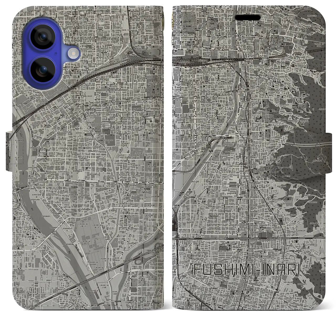 【伏見稲荷(京都府)】地図柄iPhoneケース(手帳タイプ)モノトーン・iPhone 16 Pro Max 用
