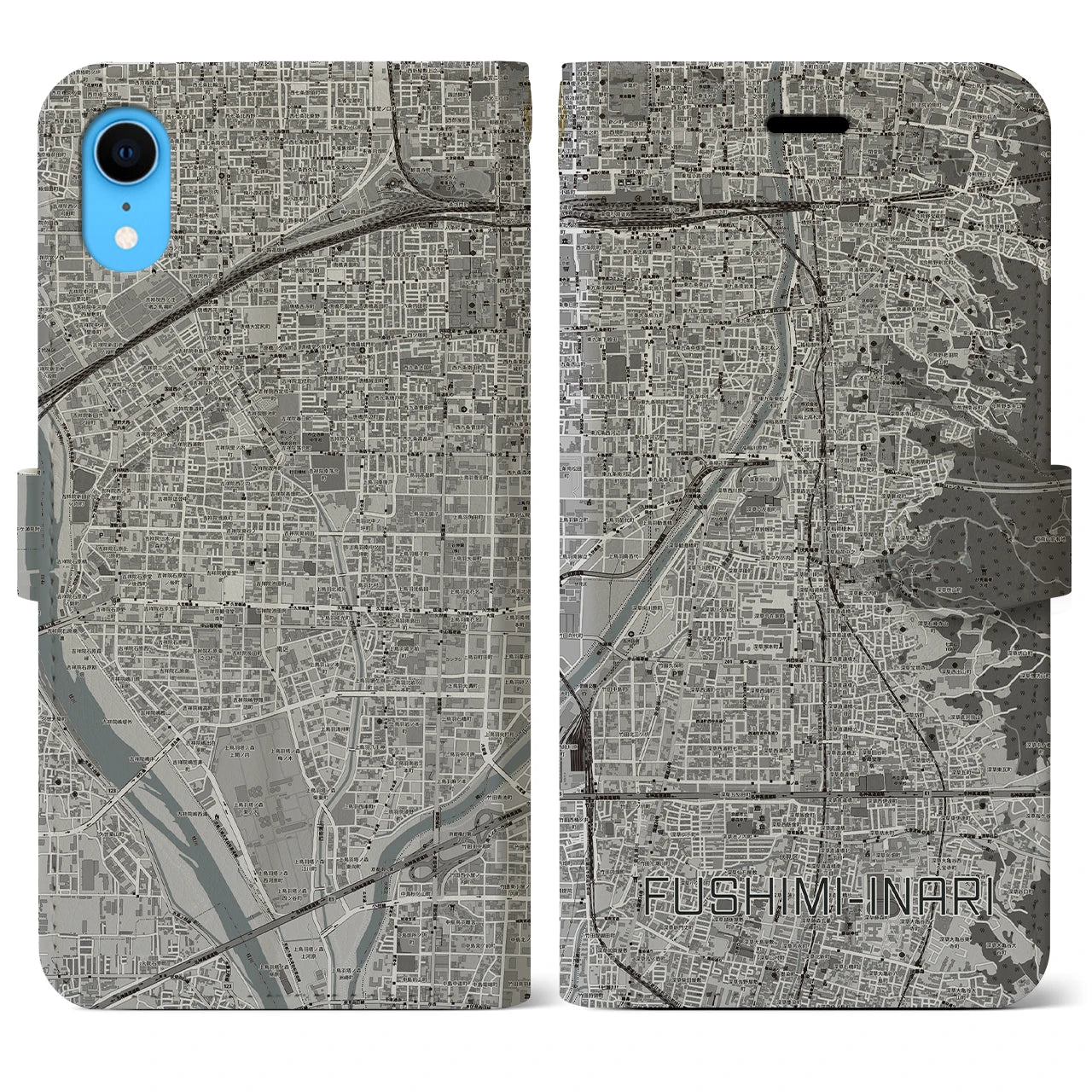 【伏見稲荷(京都府)】地図柄iPhoneケース(手帳タイプ)モノトーン・iPhone XR 用