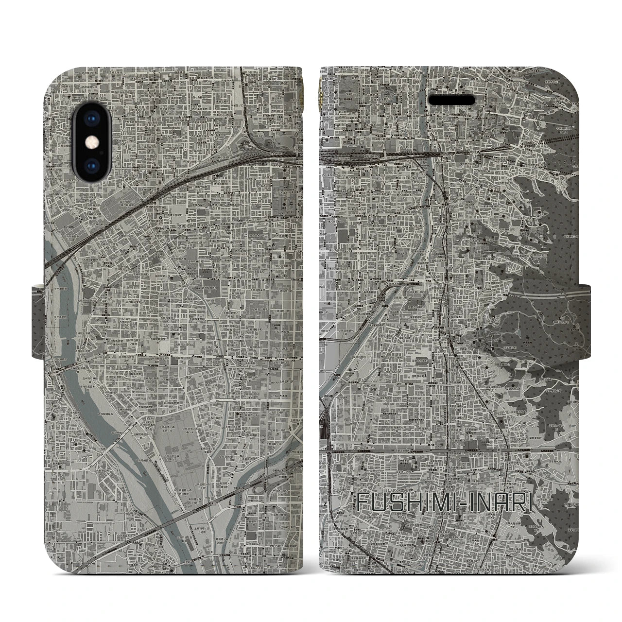 【伏見稲荷(京都府)】地図柄iPhoneケース(手帳タイプ)モノトーン・iPhone XS / X 用