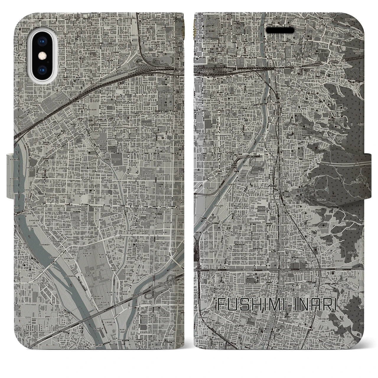 【伏見稲荷(京都府)】地図柄iPhoneケース(手帳タイプ)モノトーン・iPhone XS Max 用