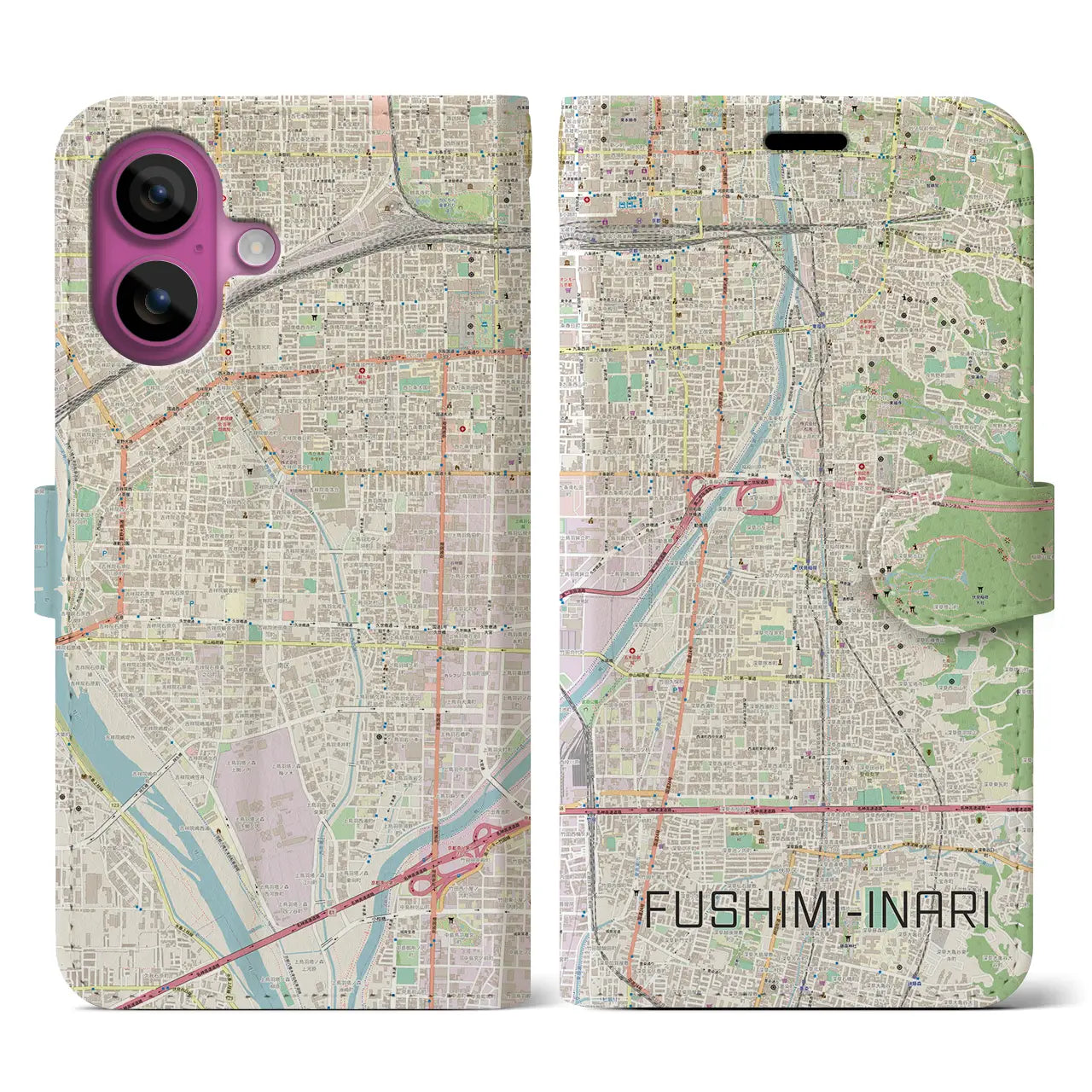 【伏見稲荷(京都府)】地図柄iPhoneケース(手帳タイプ)ナチュラル・iPhone 16 Pro 用
