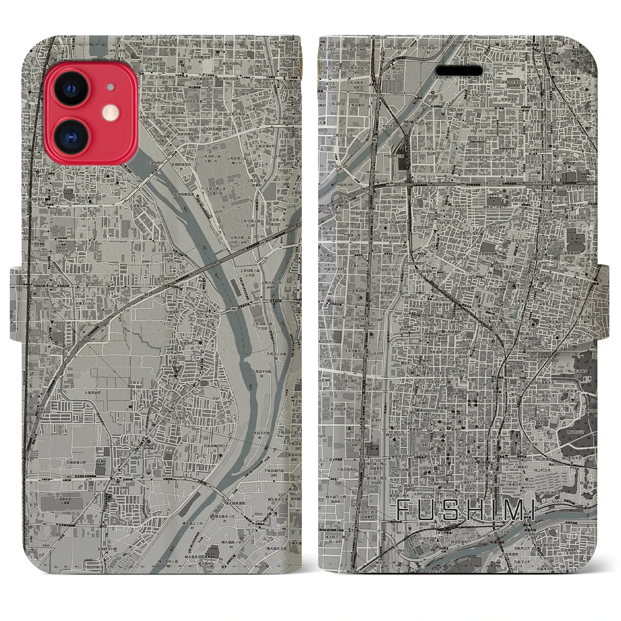 【伏見(京都府)】地図柄iPhoneケース(手帳タイプ)モノトーン・iPhone 11 用