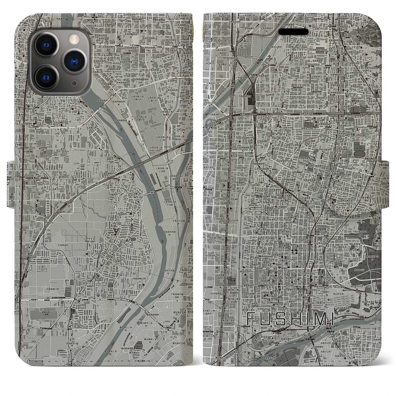 【伏見(京都府)】地図柄iPhoneケース(手帳タイプ)モノトーン・iPhone 11 Pro Max 用